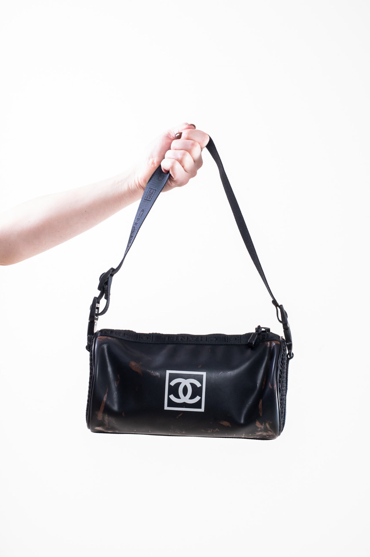 Black Sports Line Rubber Logo-Print Mini Duffle