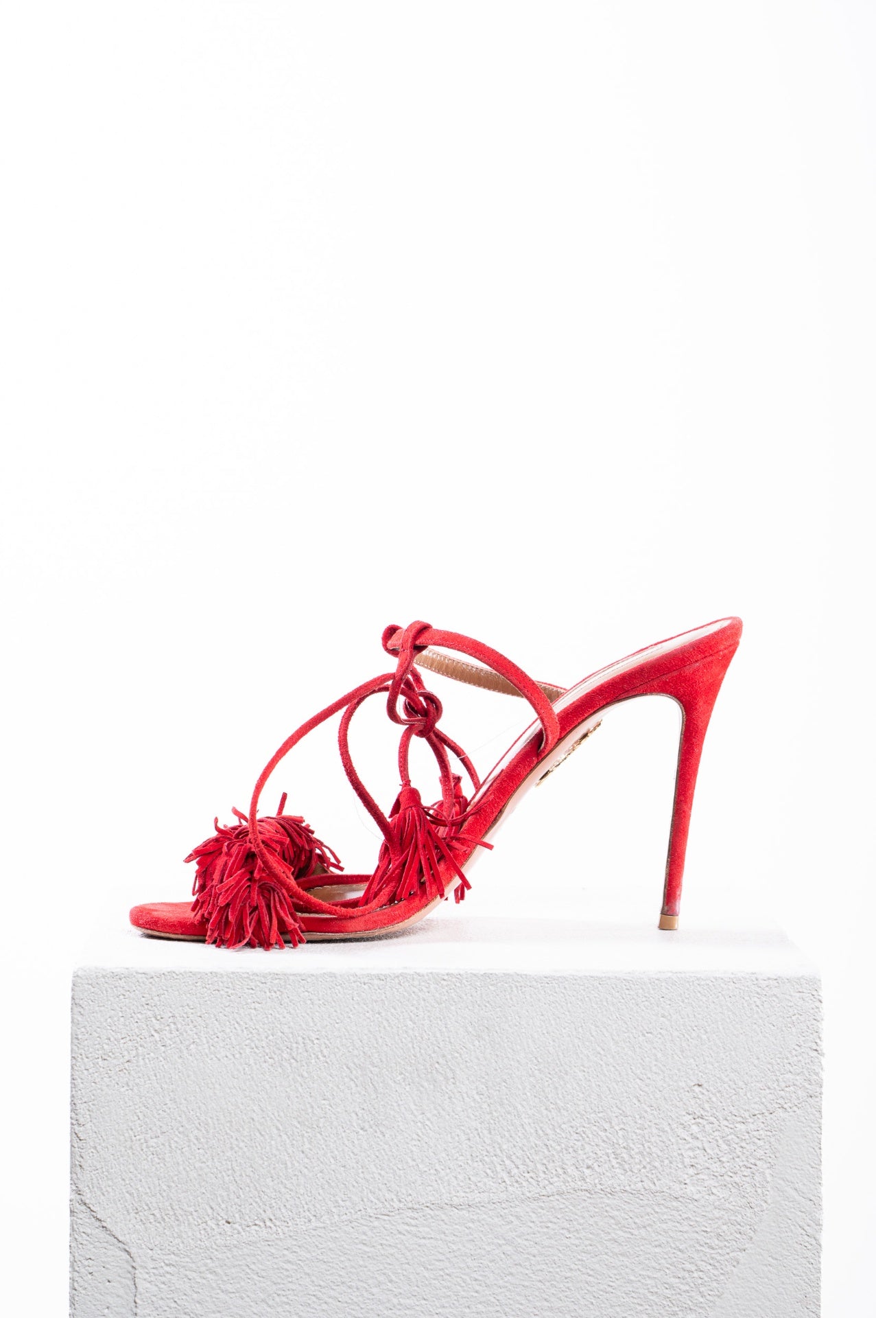 Red Suede Fringe High Heel Sandals