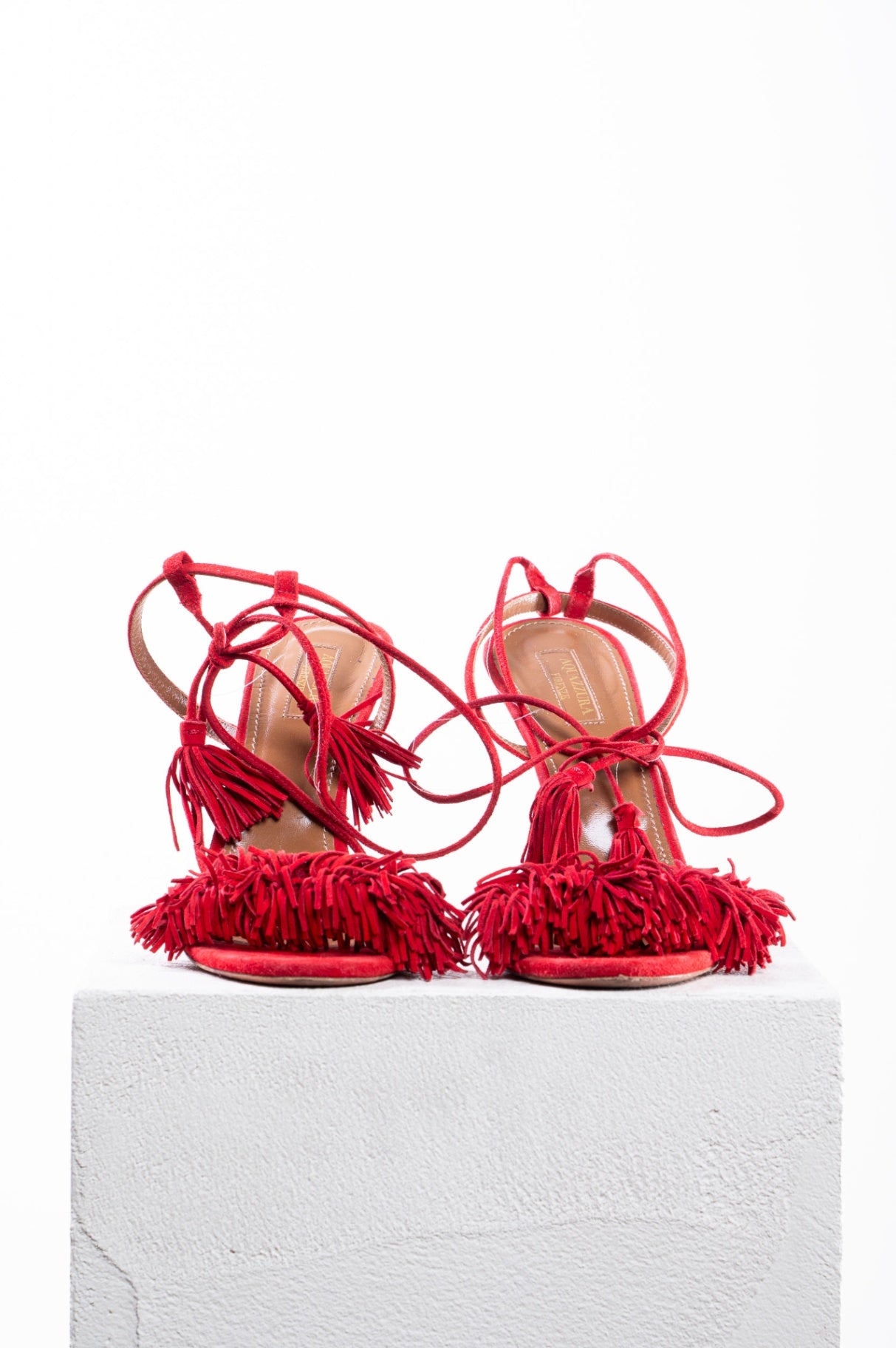 Red Suede Fringe High Heel Sandals