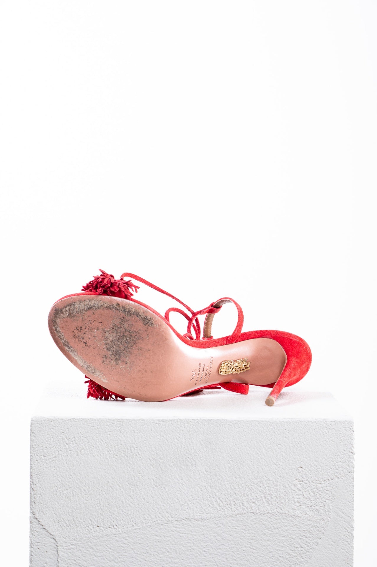 Red Suede Fringe High Heel Sandals