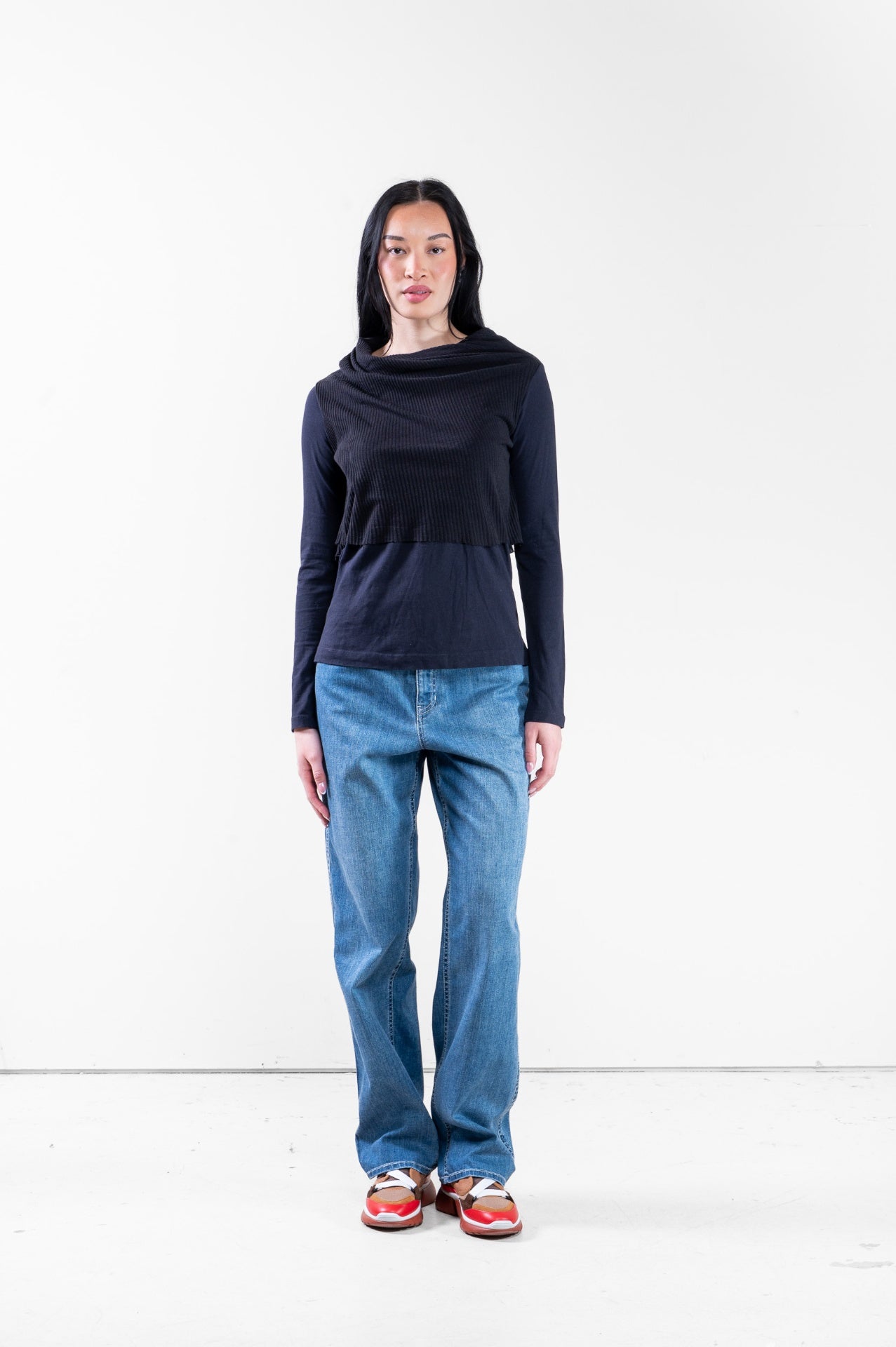 Black and Navy Cowl Neck Layered Top