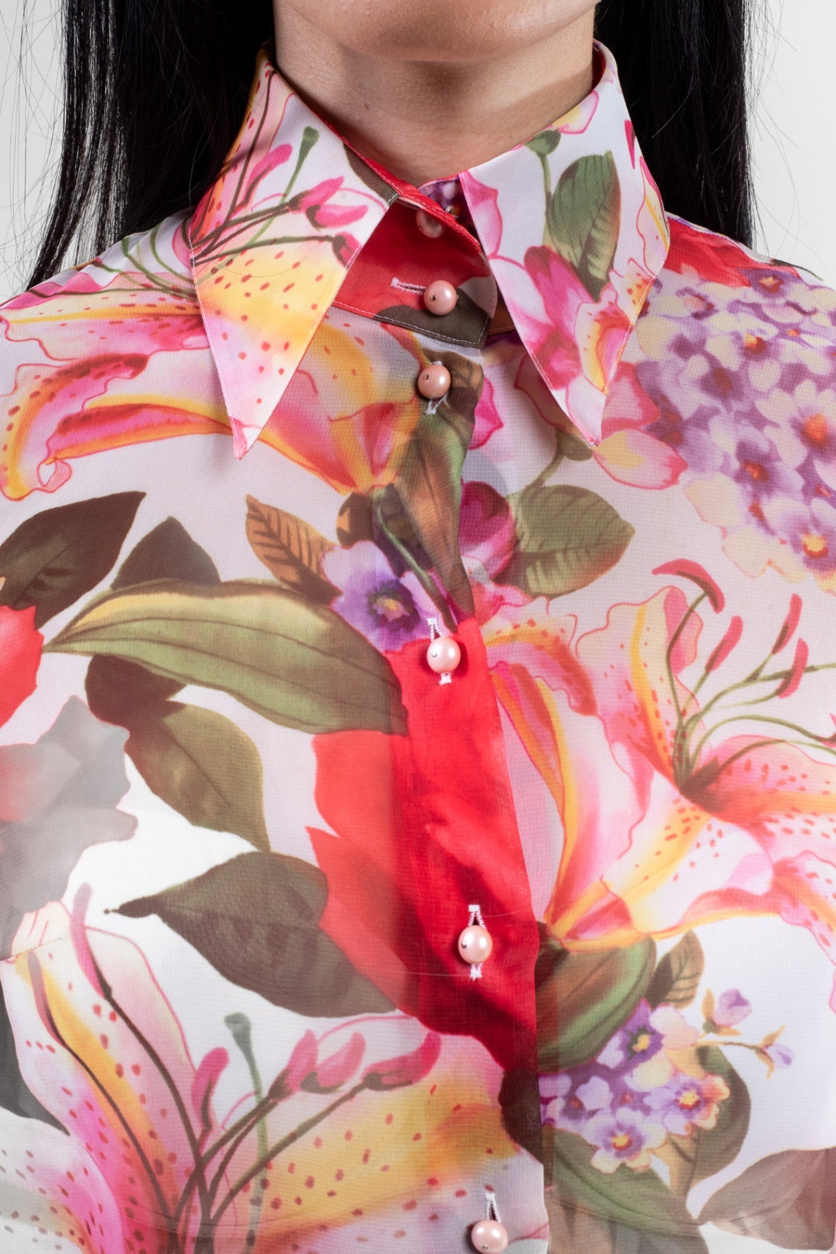Vintage Floral Print Pearl Button Up Shirt