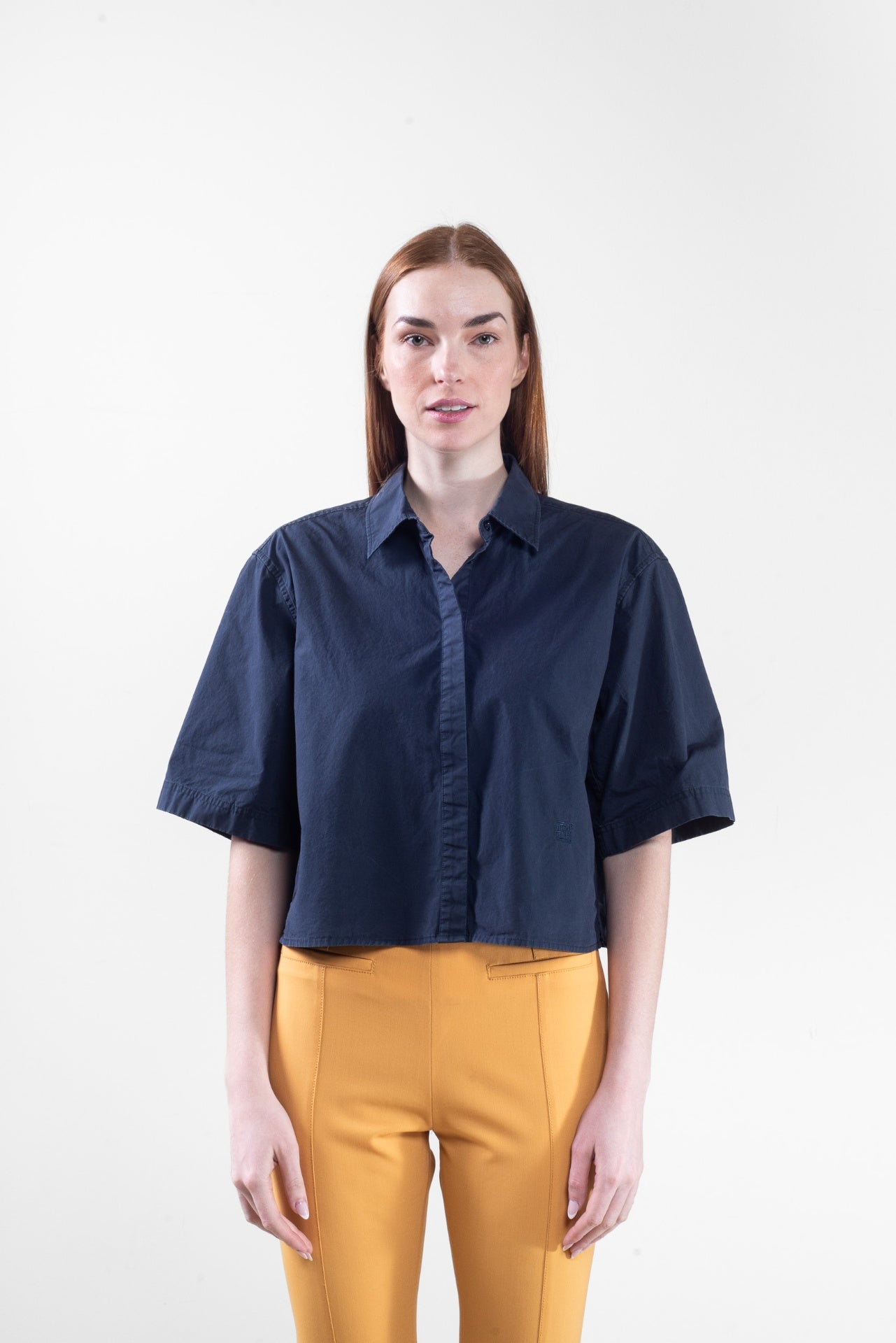 Navy Cropped Organic Poplin Shirt