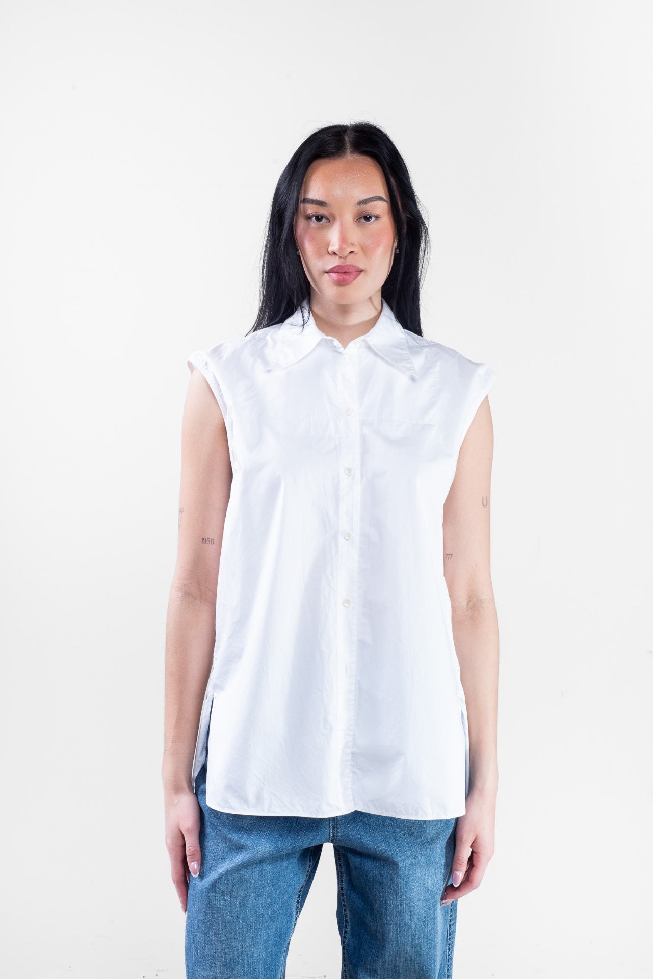 White Sleeveless Button Up Shirt