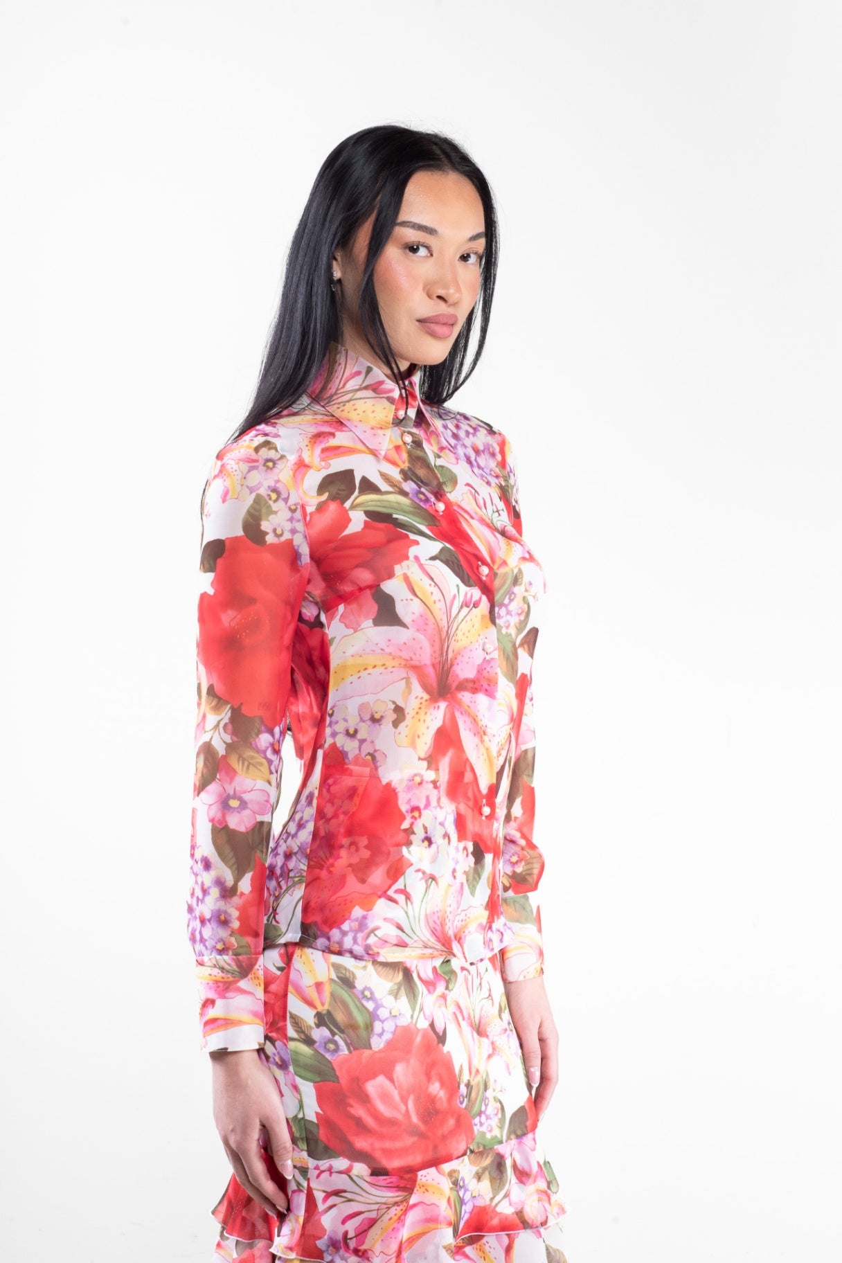 Vintage Floral Print Pearl Button Up Shirt