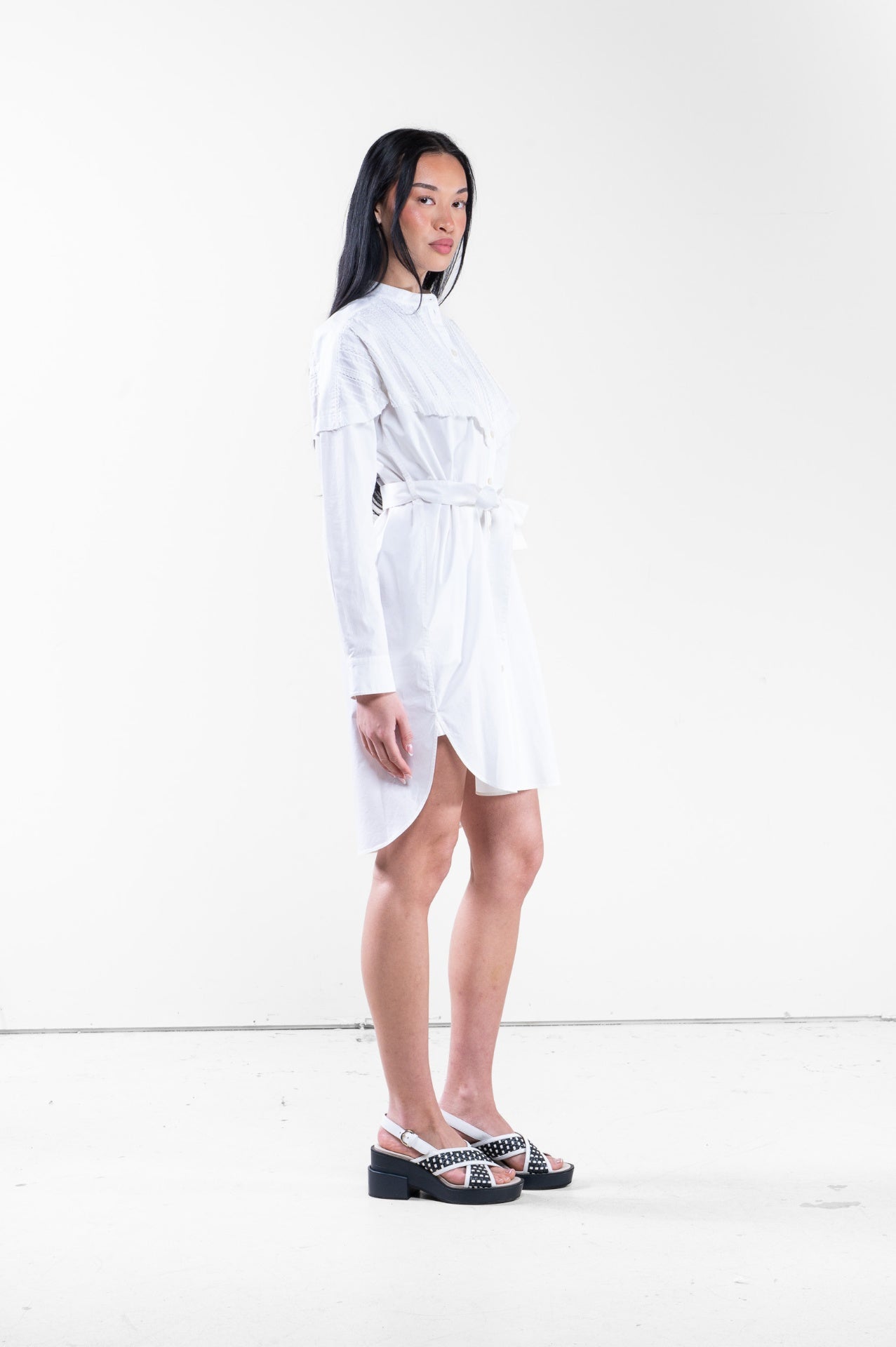 White Pleat Detail Mini Shirt Dress