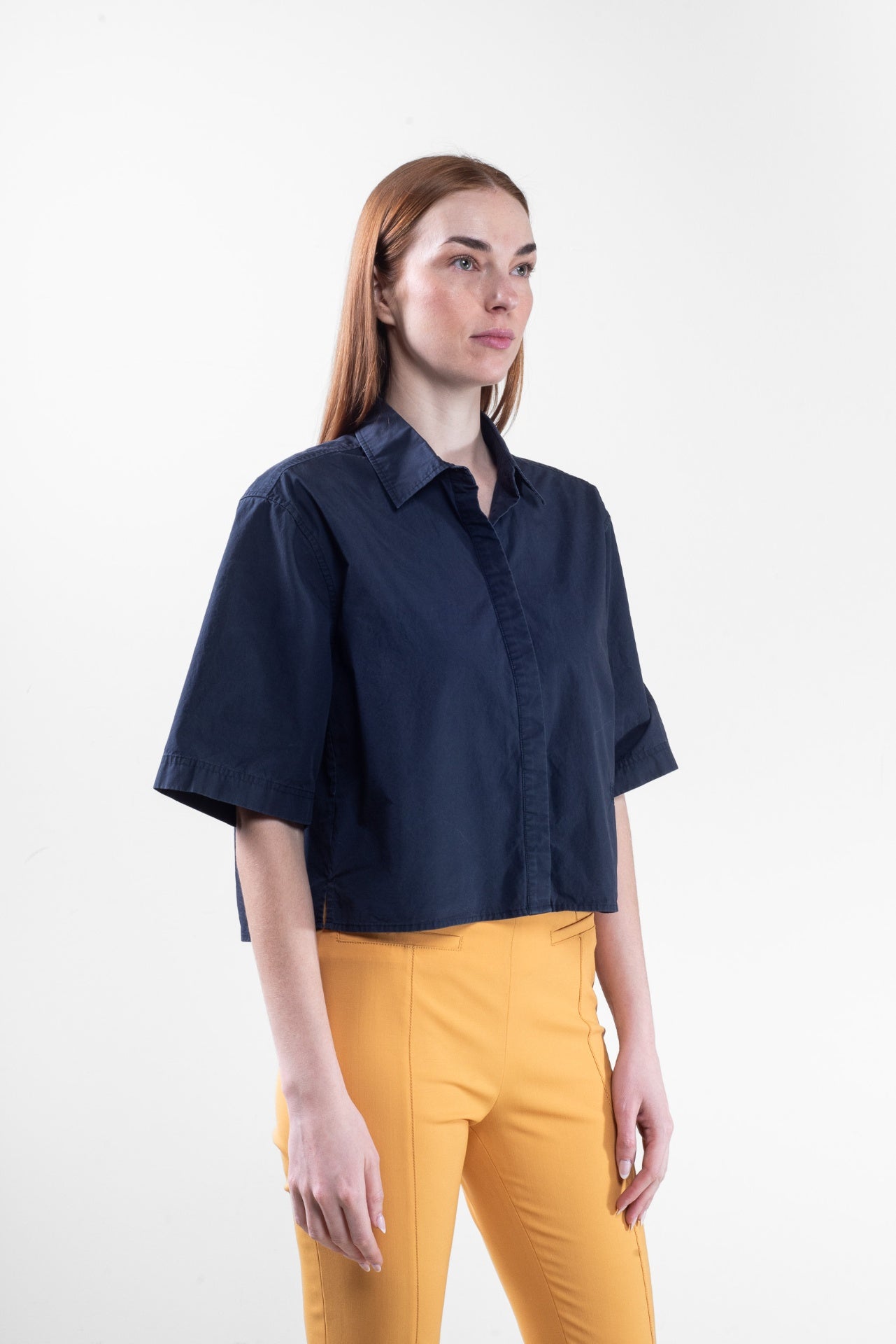 Navy Cropped Organic Poplin Shirt