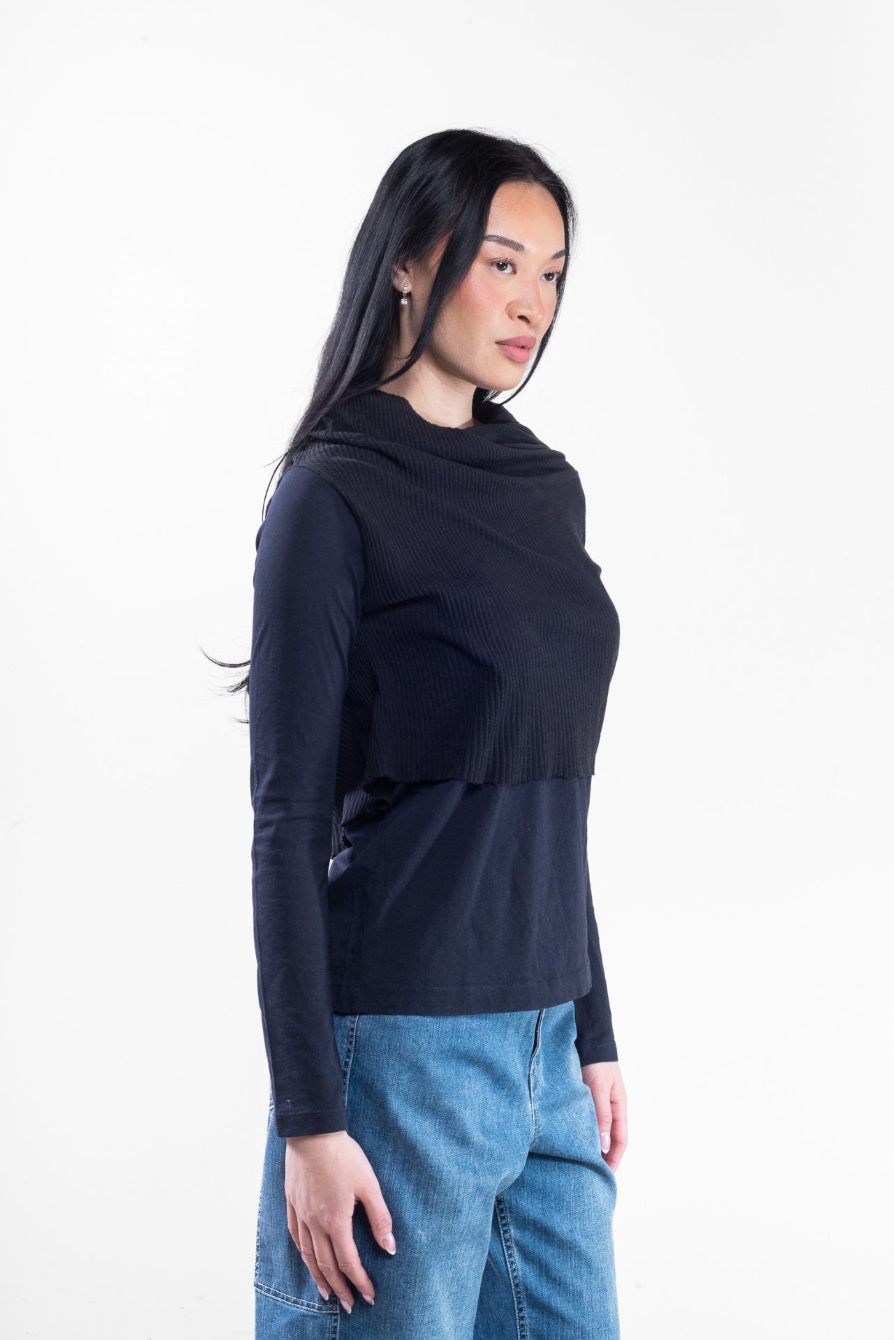 Black and Navy Cowl Neck Layered Top