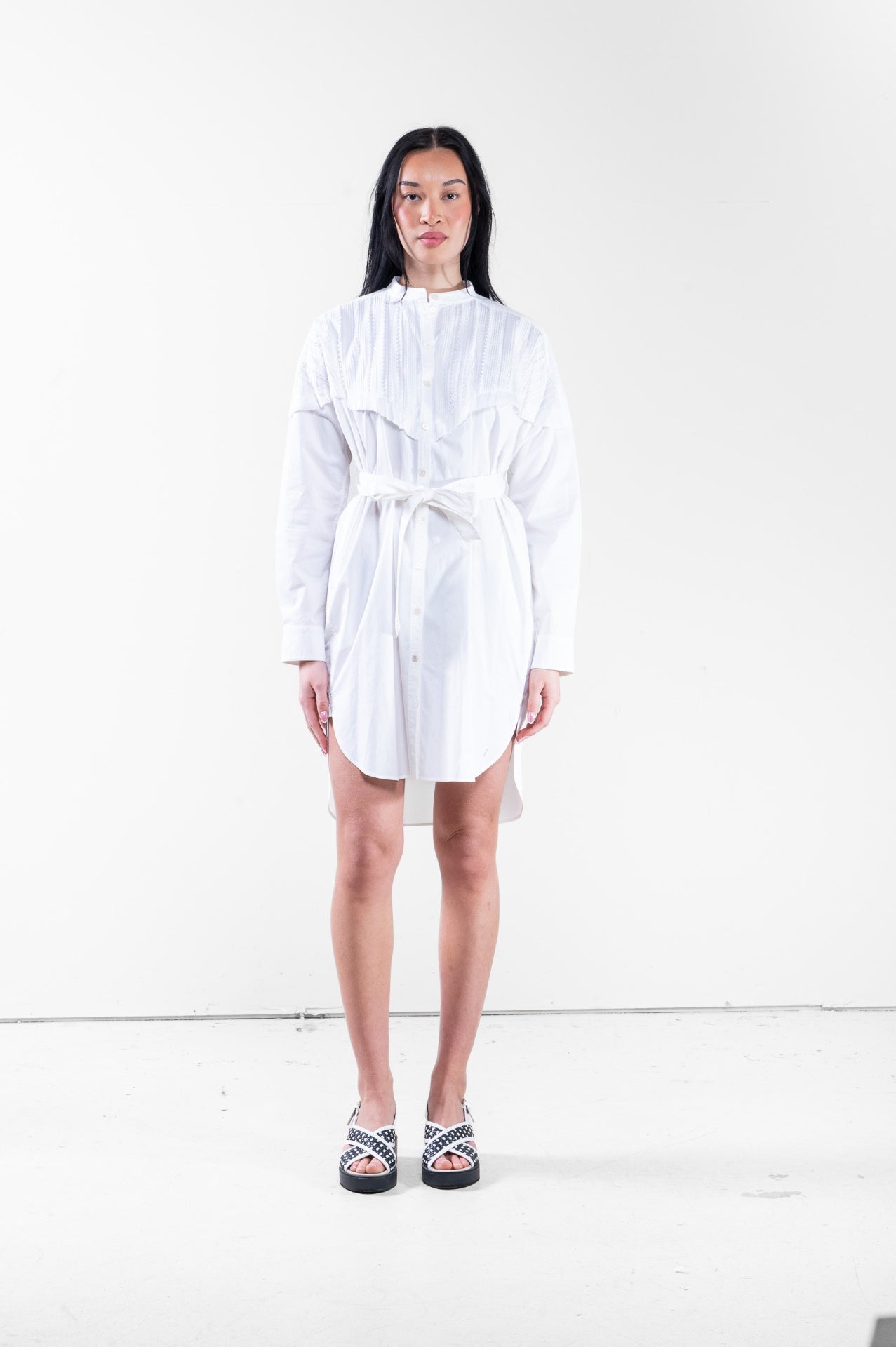 White Pleat Detail Mini Shirt Dress