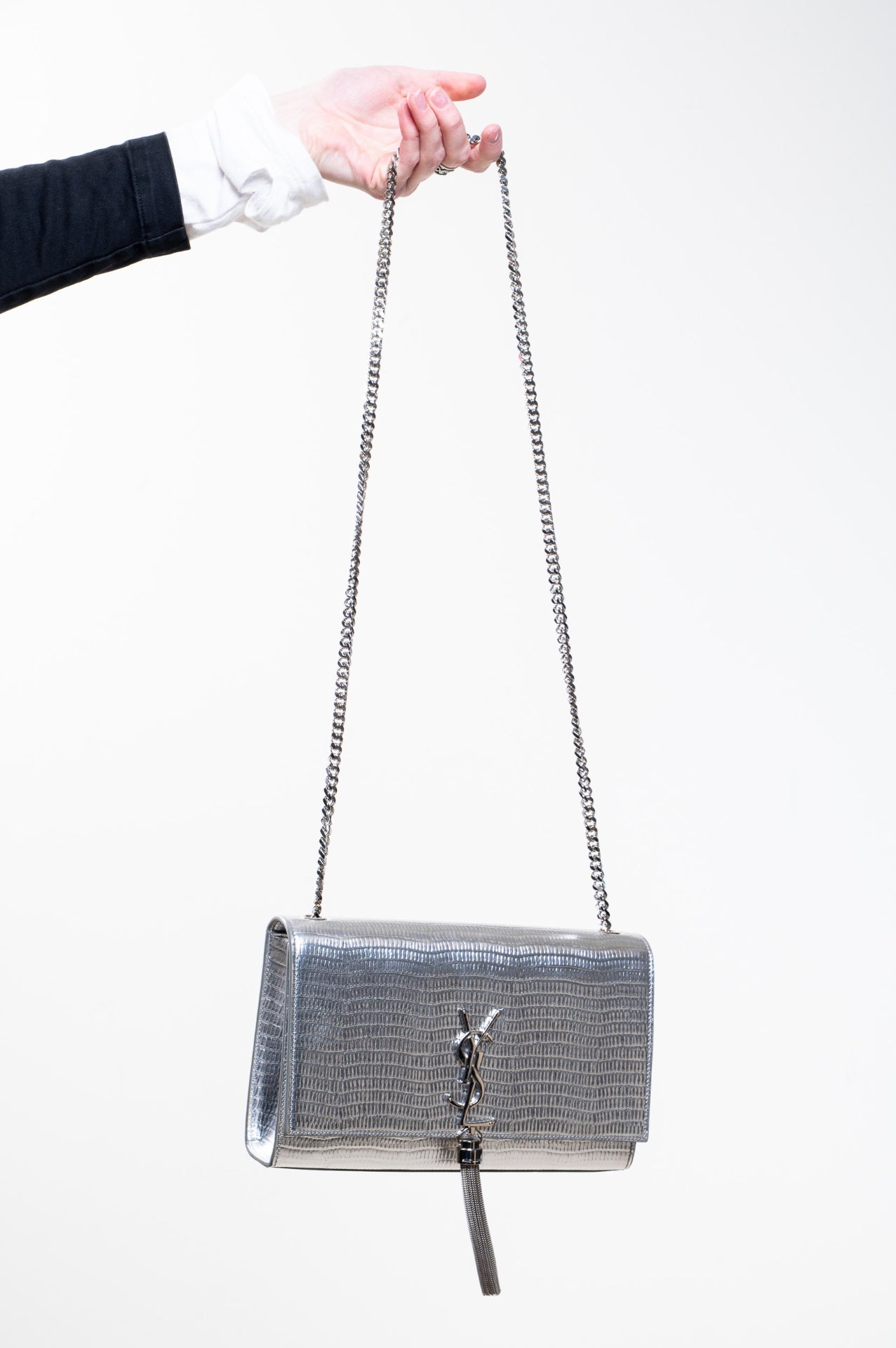 Silver Croc Embossed Medium Kate Bag