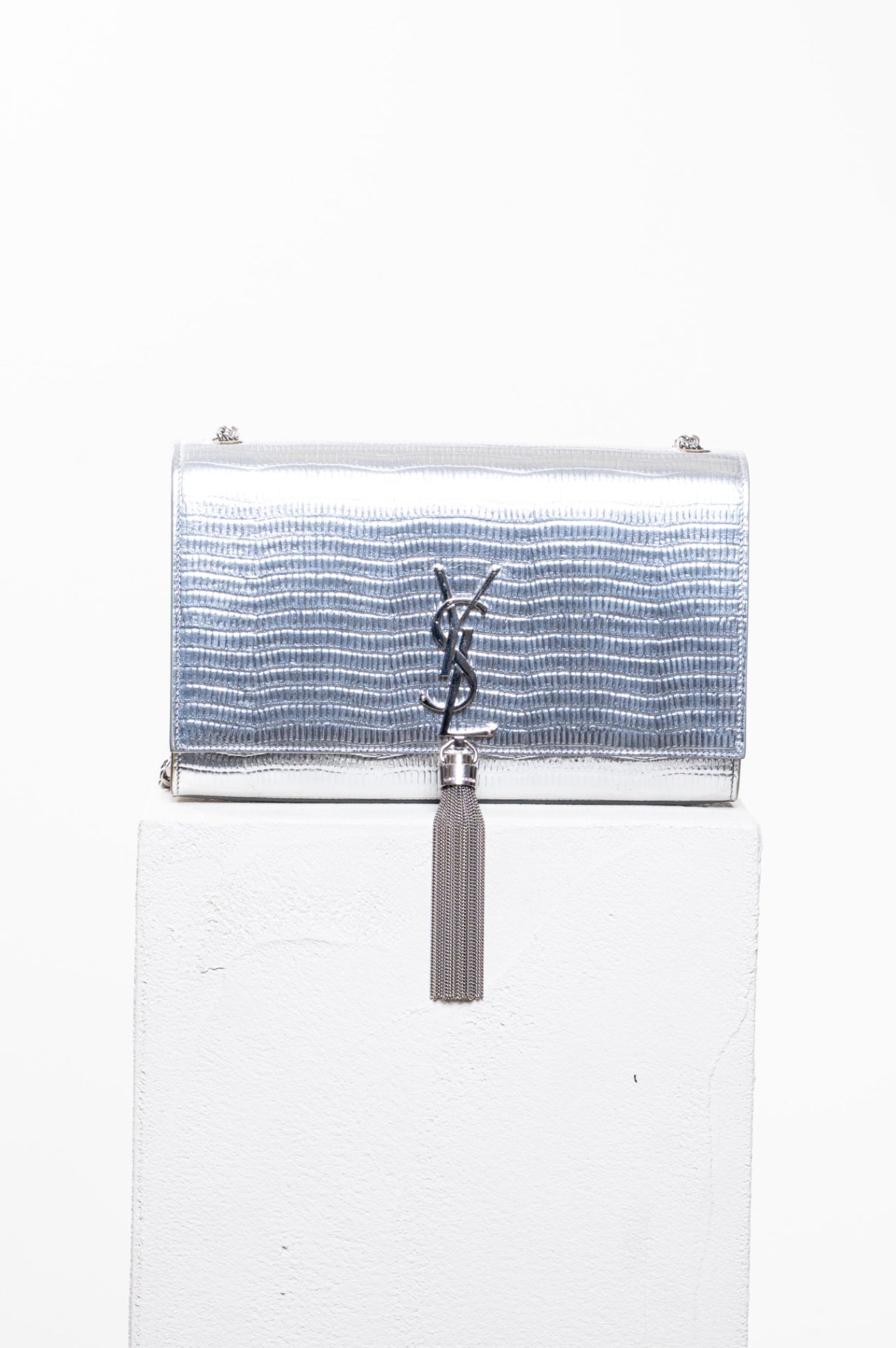 Silver Croc Embossed Medium Kate Bag