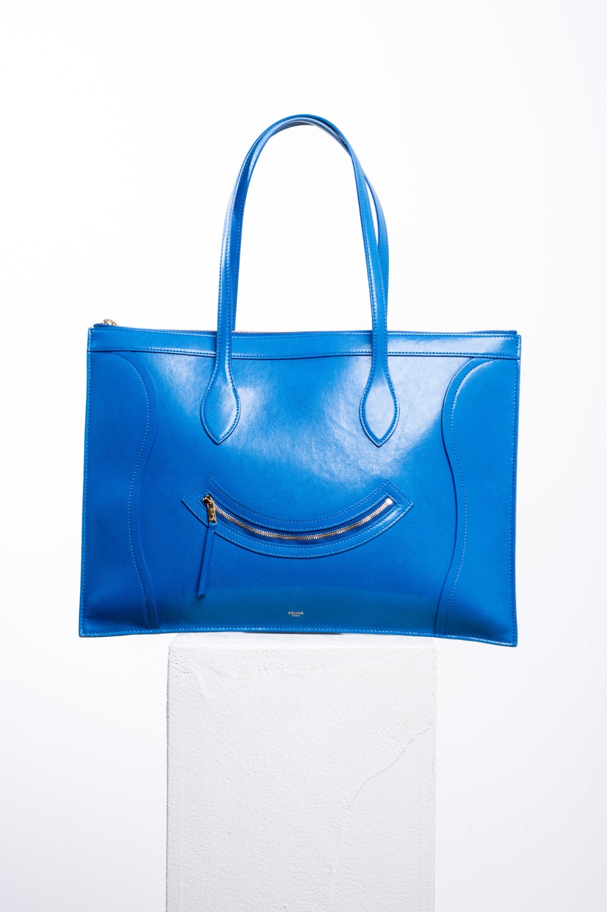 Blue Glossy Calfskin Flat Luggage Tote