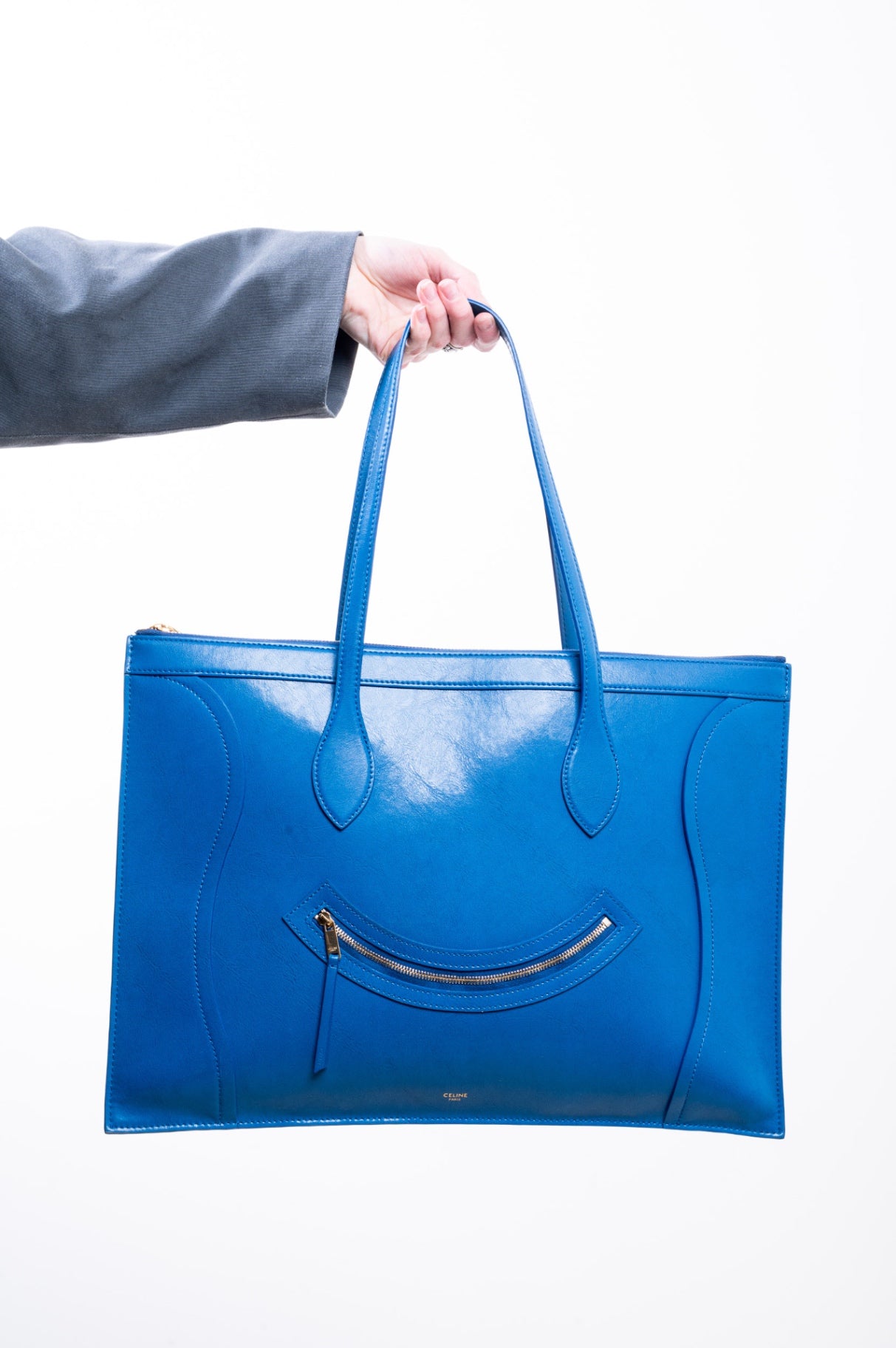 Blue Glossy Calfskin Flat Luggage Tote