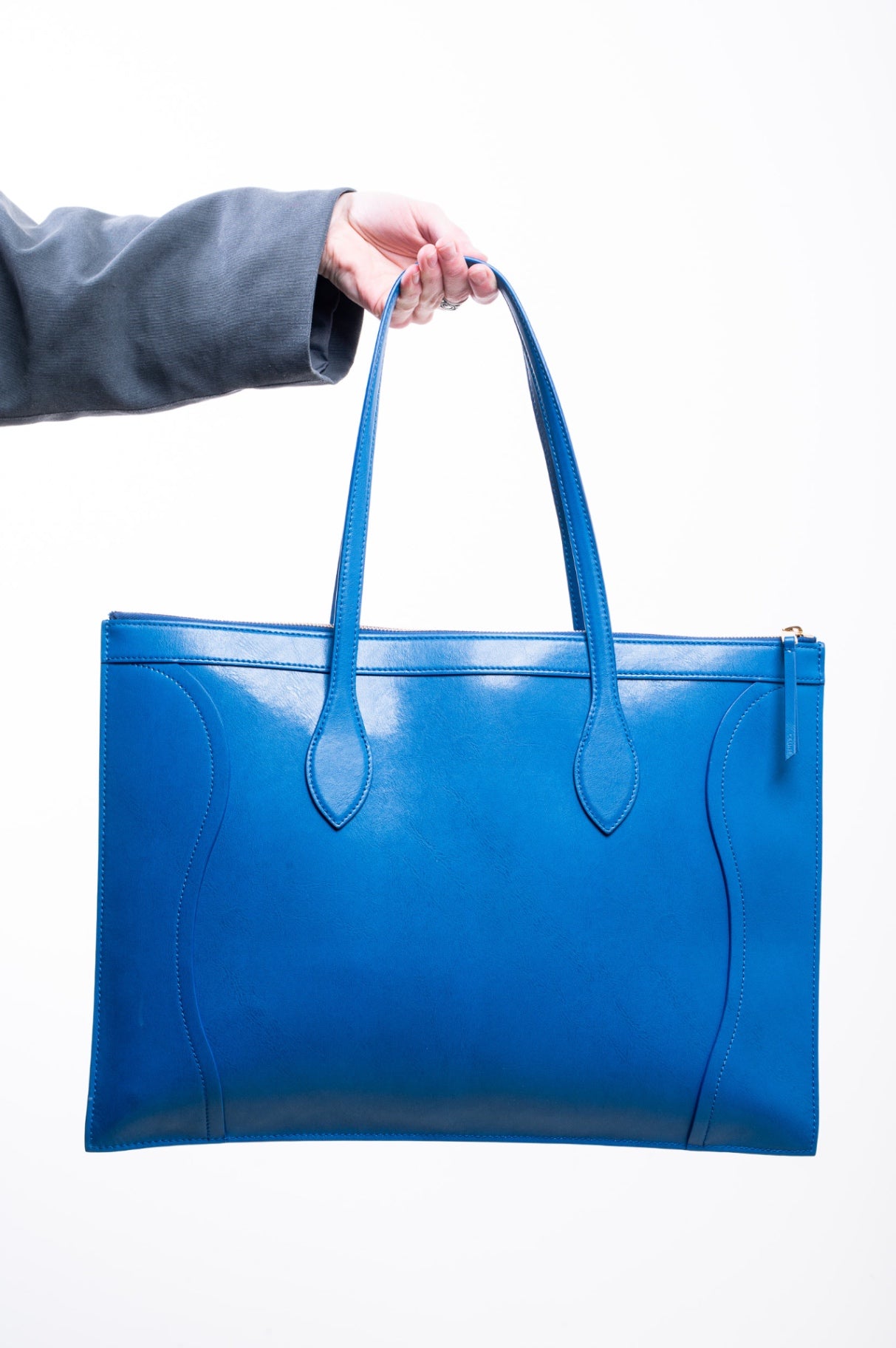 Blue Glossy Calfskin Flat Luggage Tote