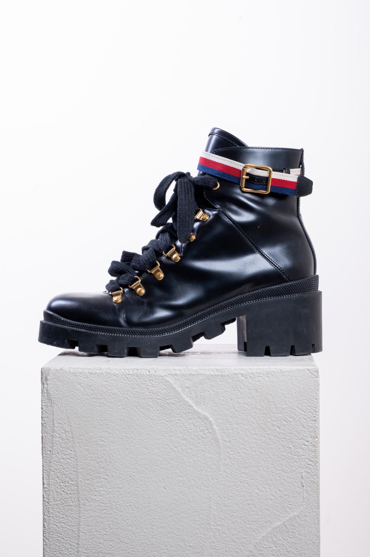 Black Lace Up Boot w/ Striped Strap