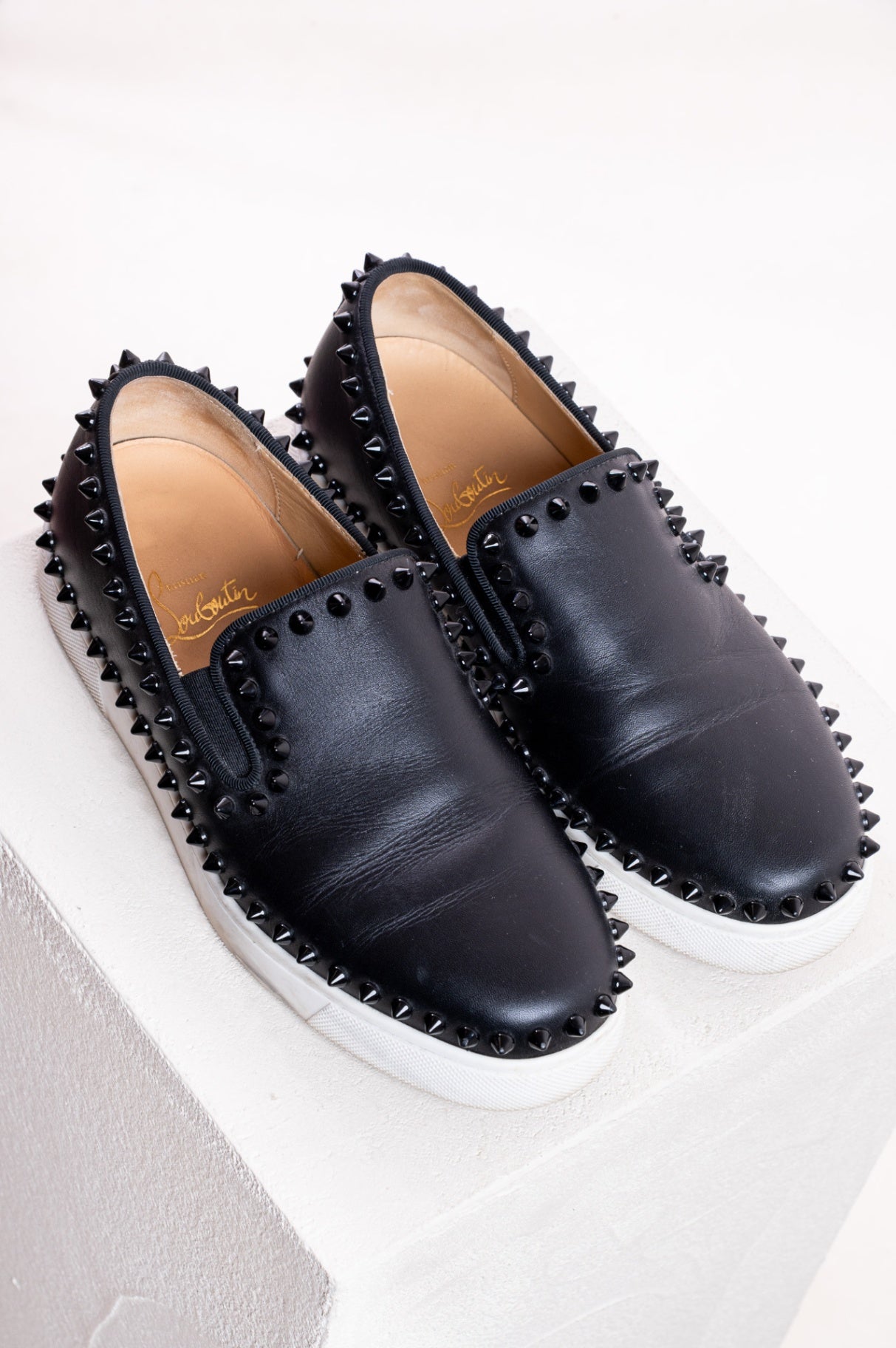 Black Leather Studded Pik Boat Slip-On Sneakers