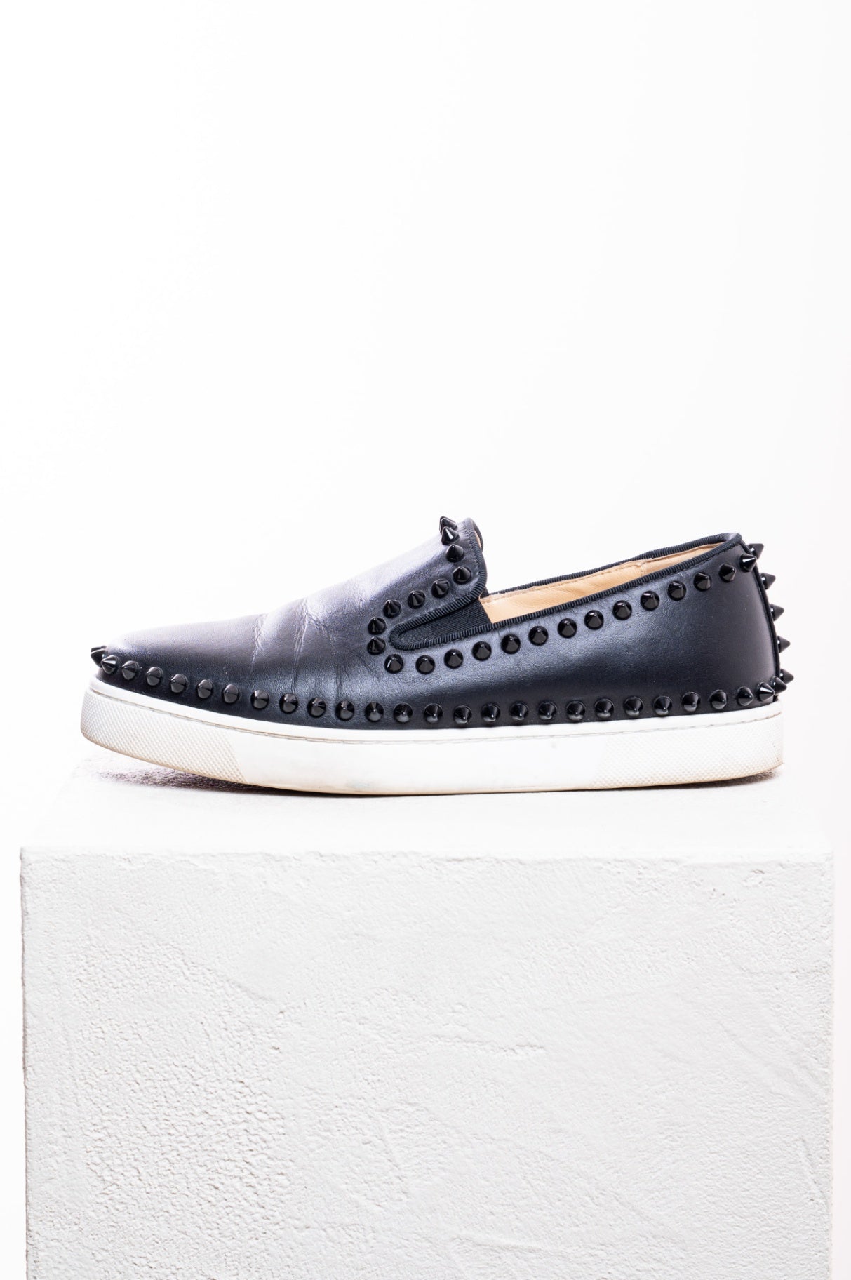 Black Leather Studded Pik Boat Slip-On Sneakers