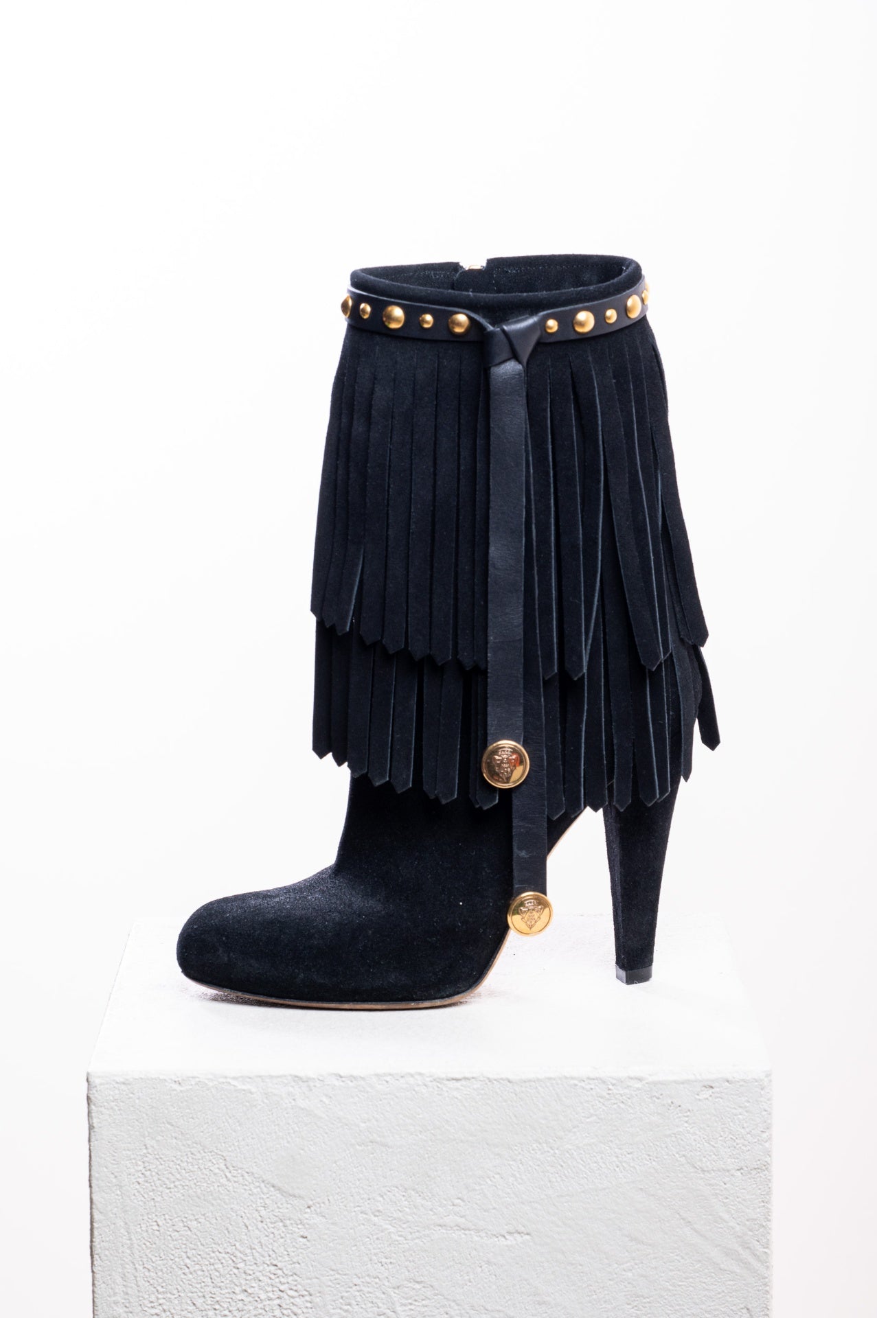 Black Suede Fringe Devendra Booties