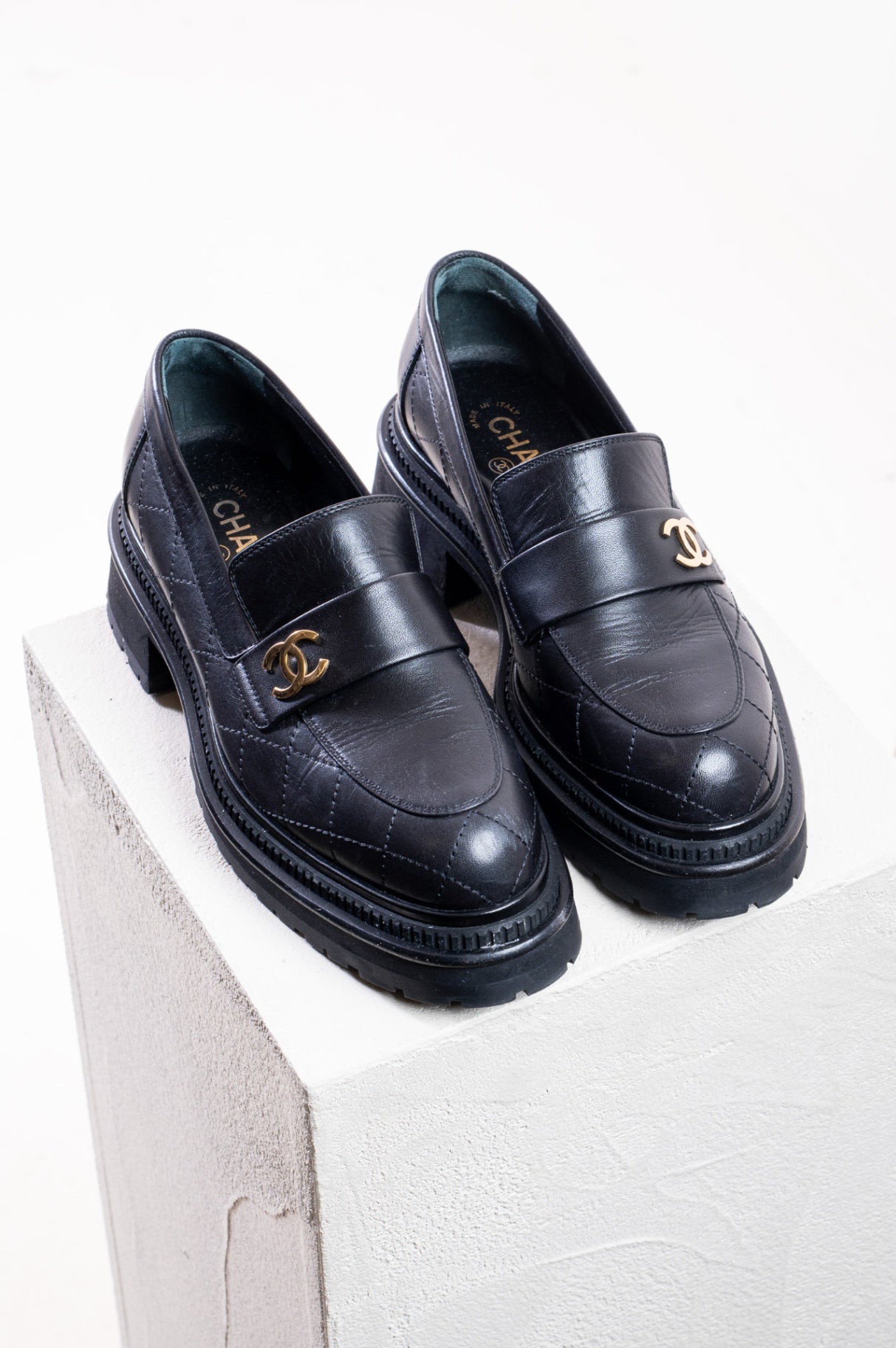 Black Quilted Gold CC Loafer