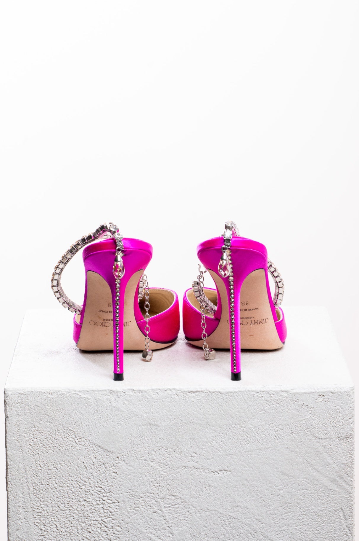 Pink Saeda Silk Pumps With Crystal Ankle Strap