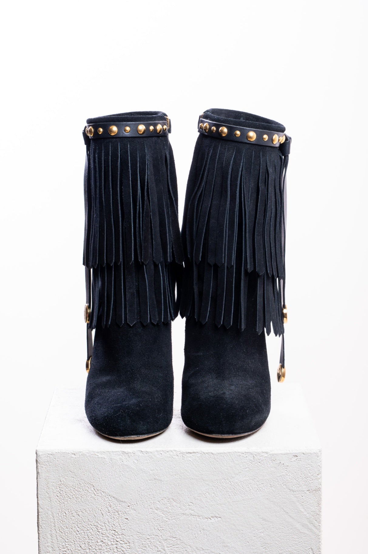 Black Suede Fringe Devendra Booties