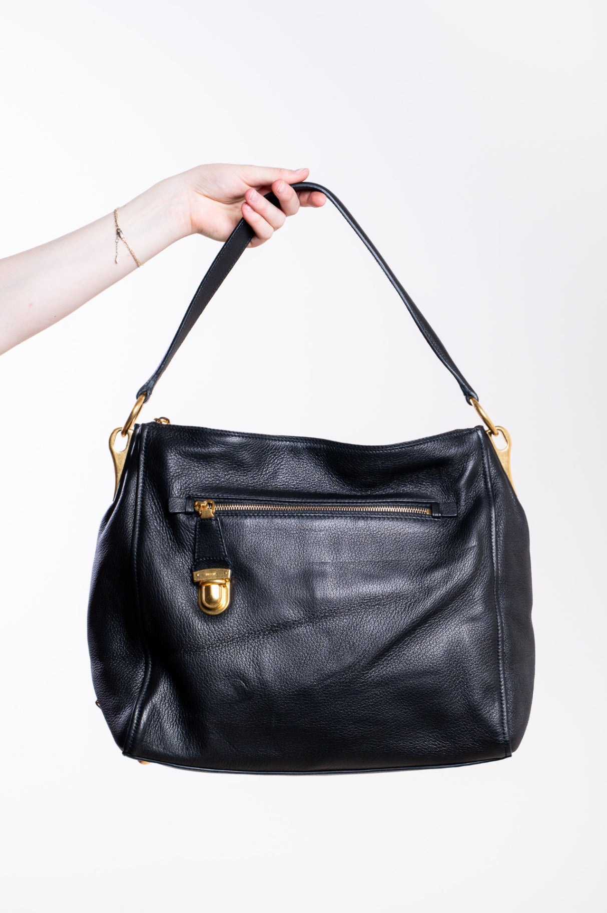 Black Cervo Leather Zip Shoulder Bag