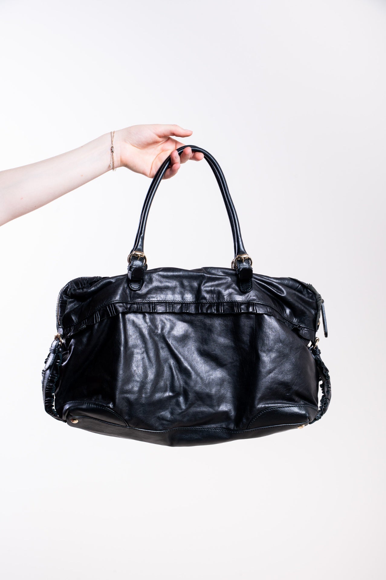 Black Sabrina Ruffle Leather Top Handle Bag