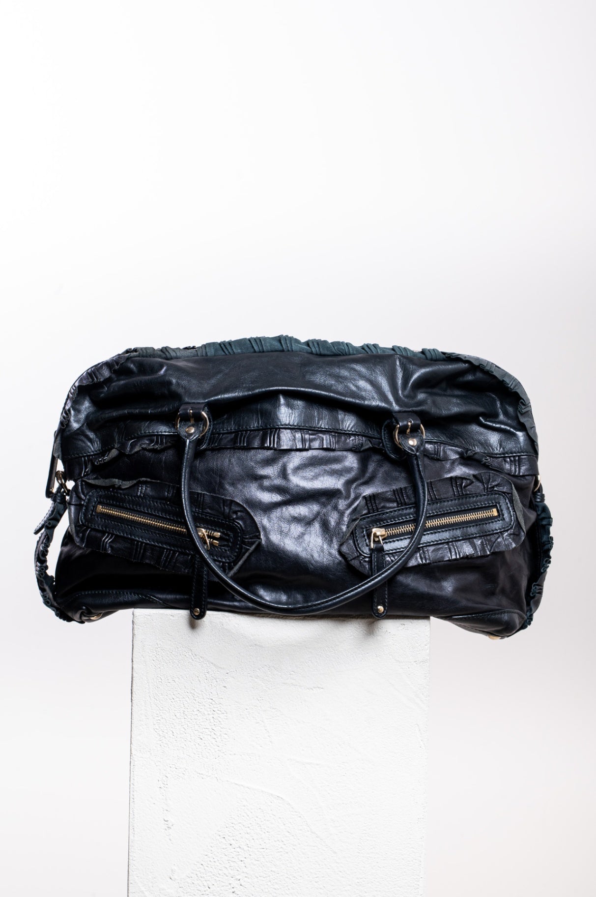 Black Sabrina Ruffle Leather Top Handle Bag