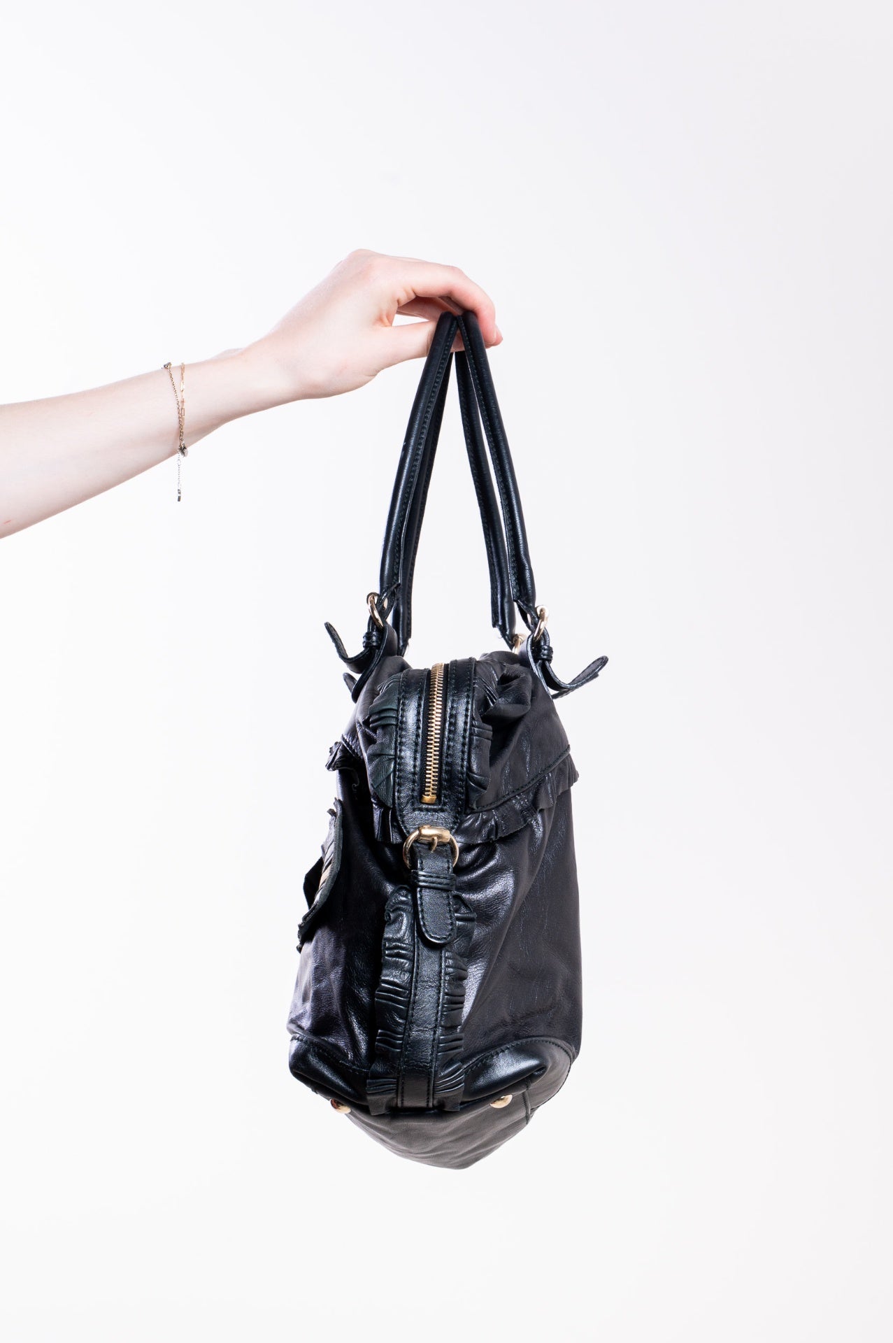Black Sabrina Ruffle Leather Top Handle Bag