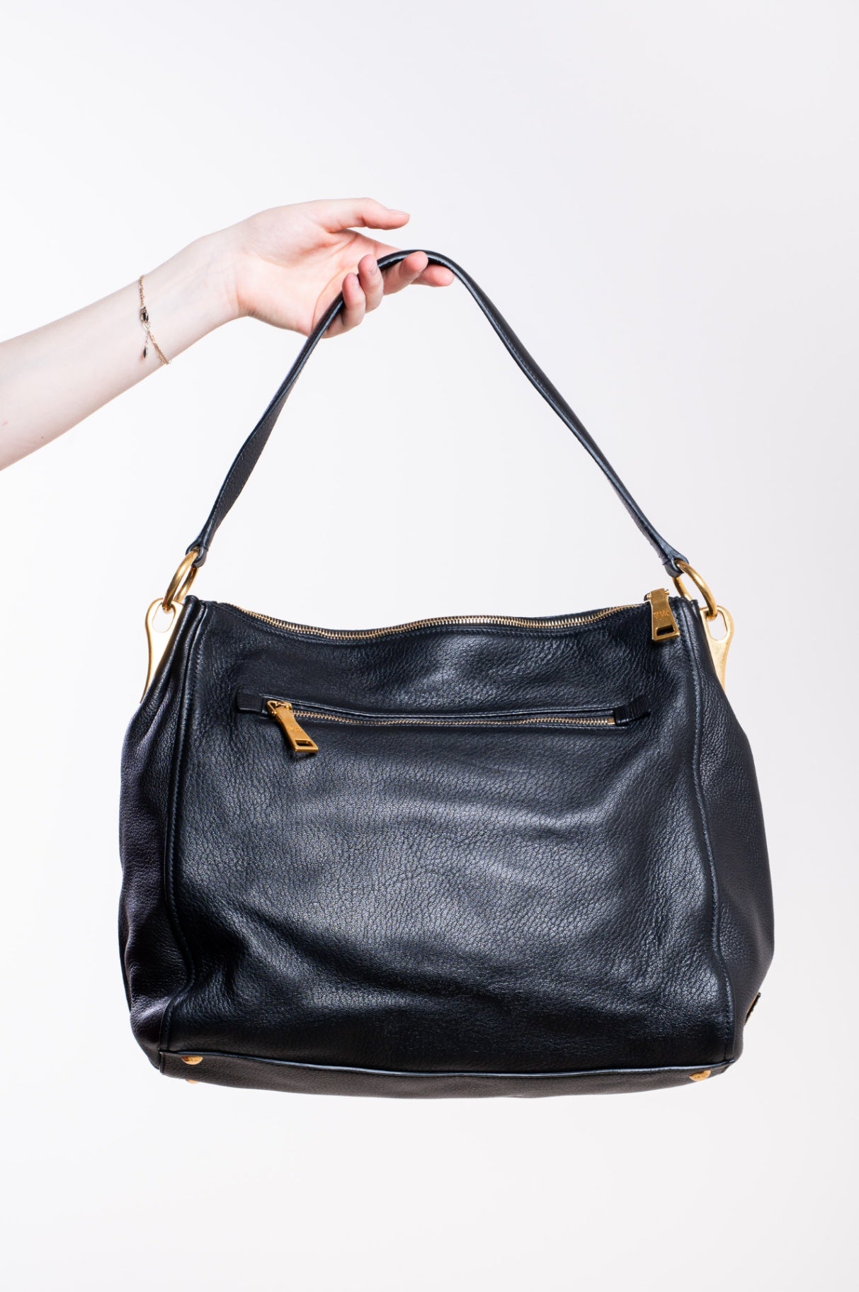 Black Cervo Leather Zip Shoulder Bag