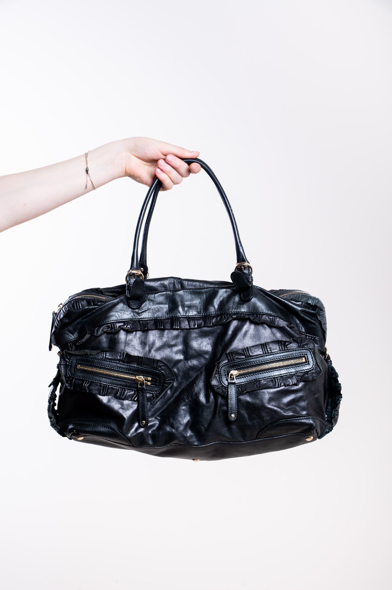Black Sabrina Ruffle Leather Top Handle Bag