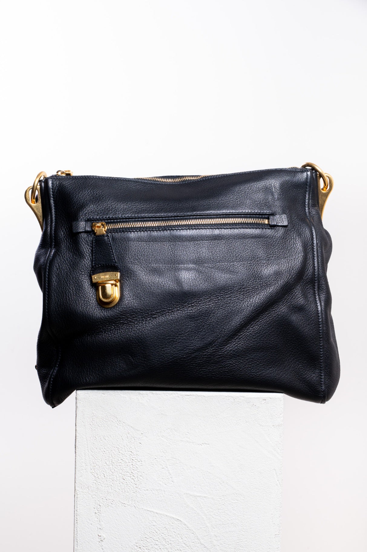 Black Cervo Leather Zip Shoulder Bag