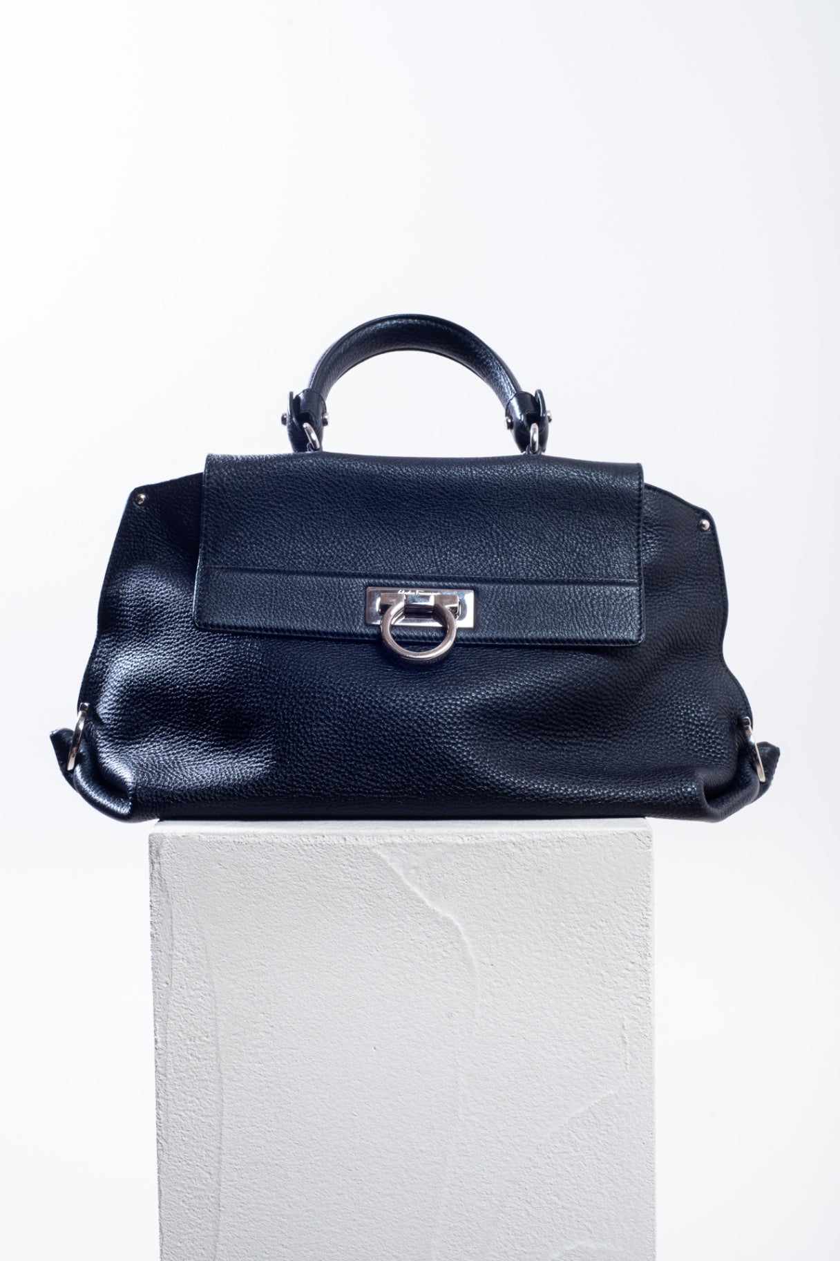 Black Top Handle Pebbled Leather Top Handle Bag