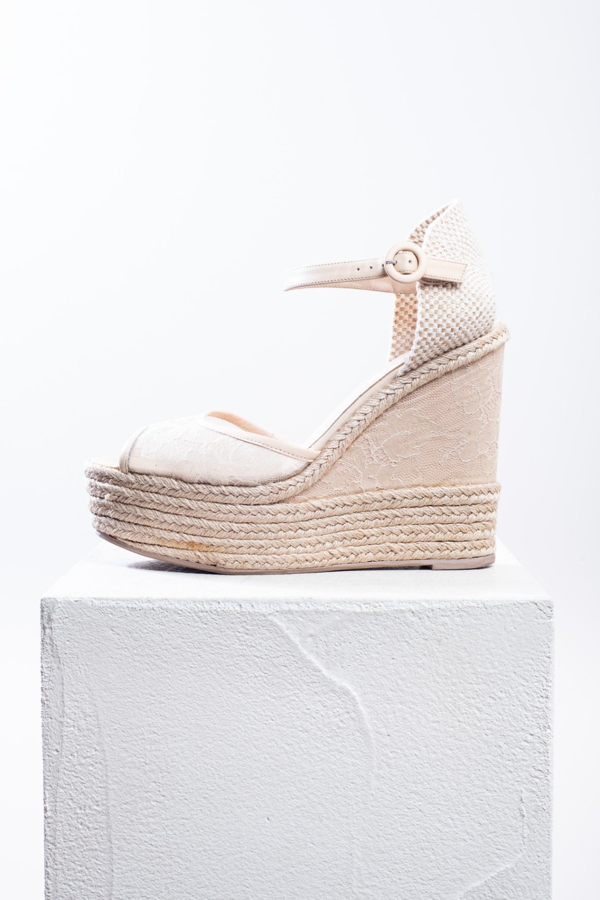 Beige Mesh and Leather Espadrille Wedge Sandals