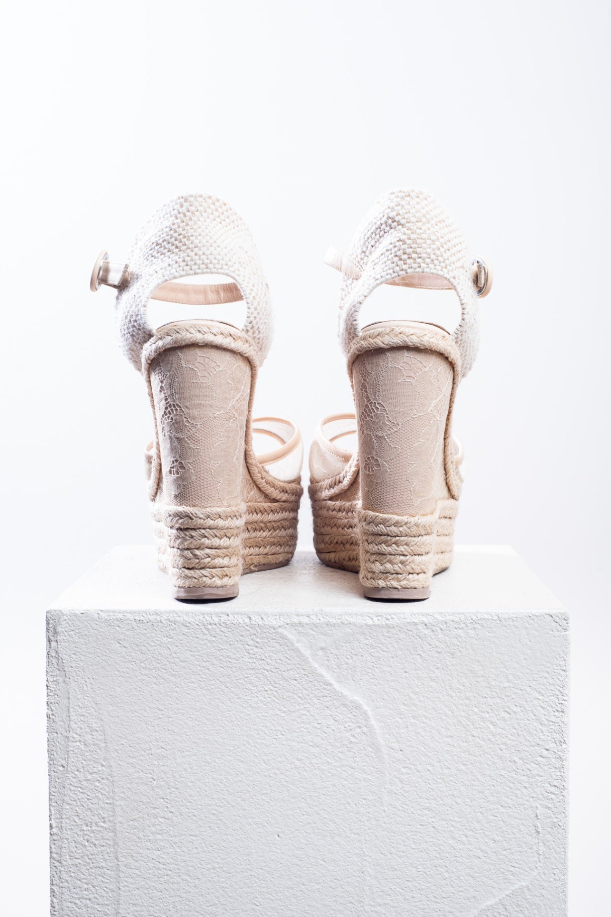 Beige Mesh and Leather Espadrille Wedge Sandals