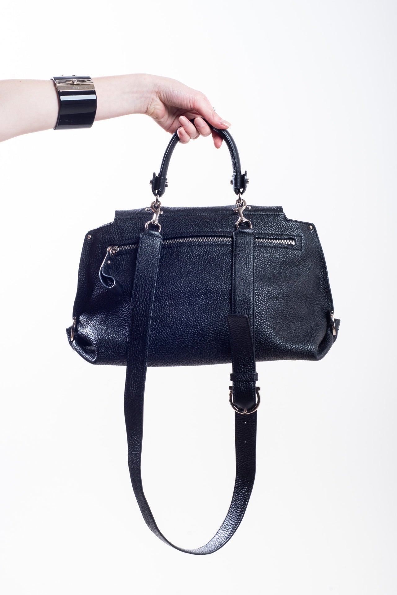 Black Top Handle Pebbled Leather Top Handle Bag