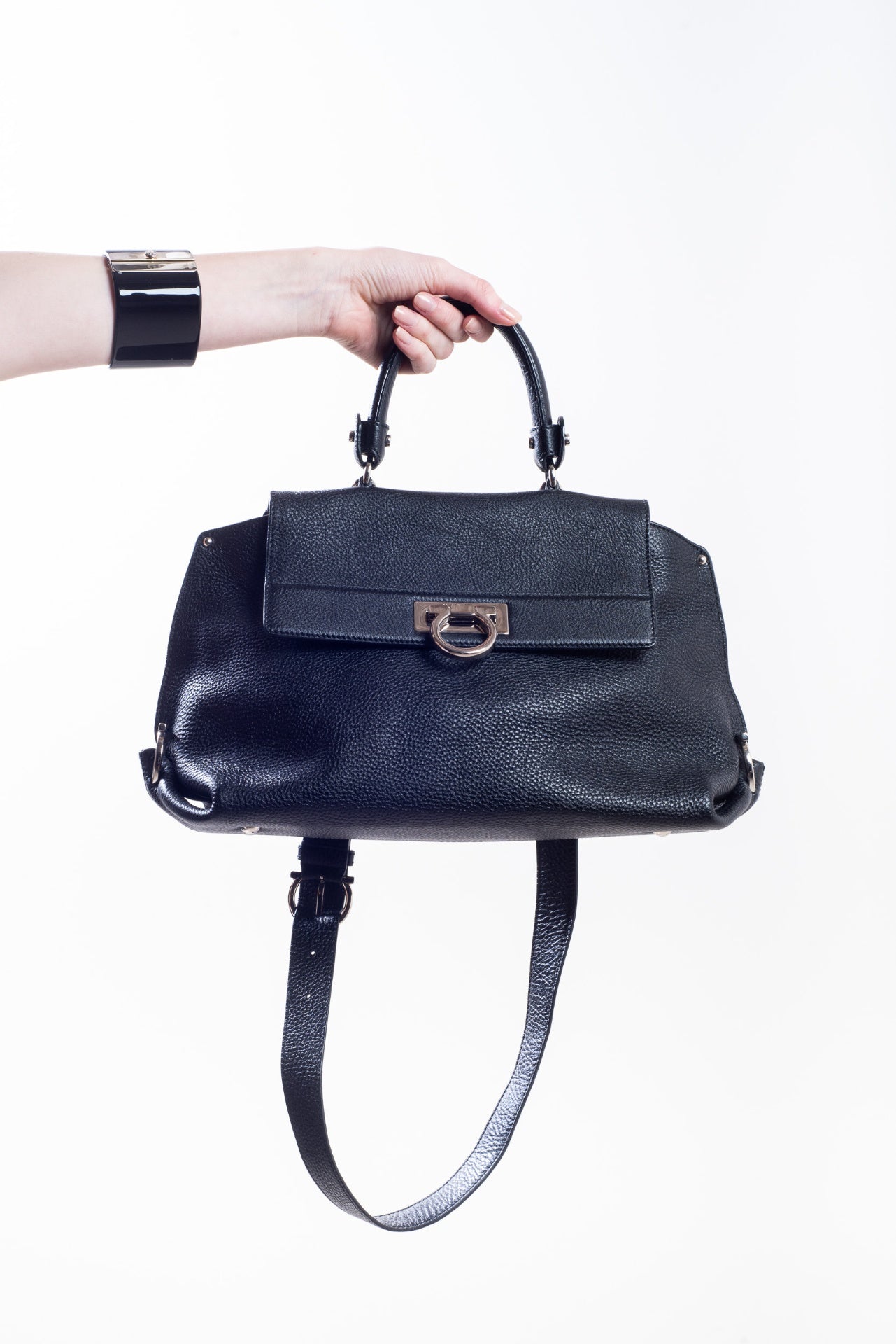 Black Top Handle Pebbled Leather Top Handle Bag