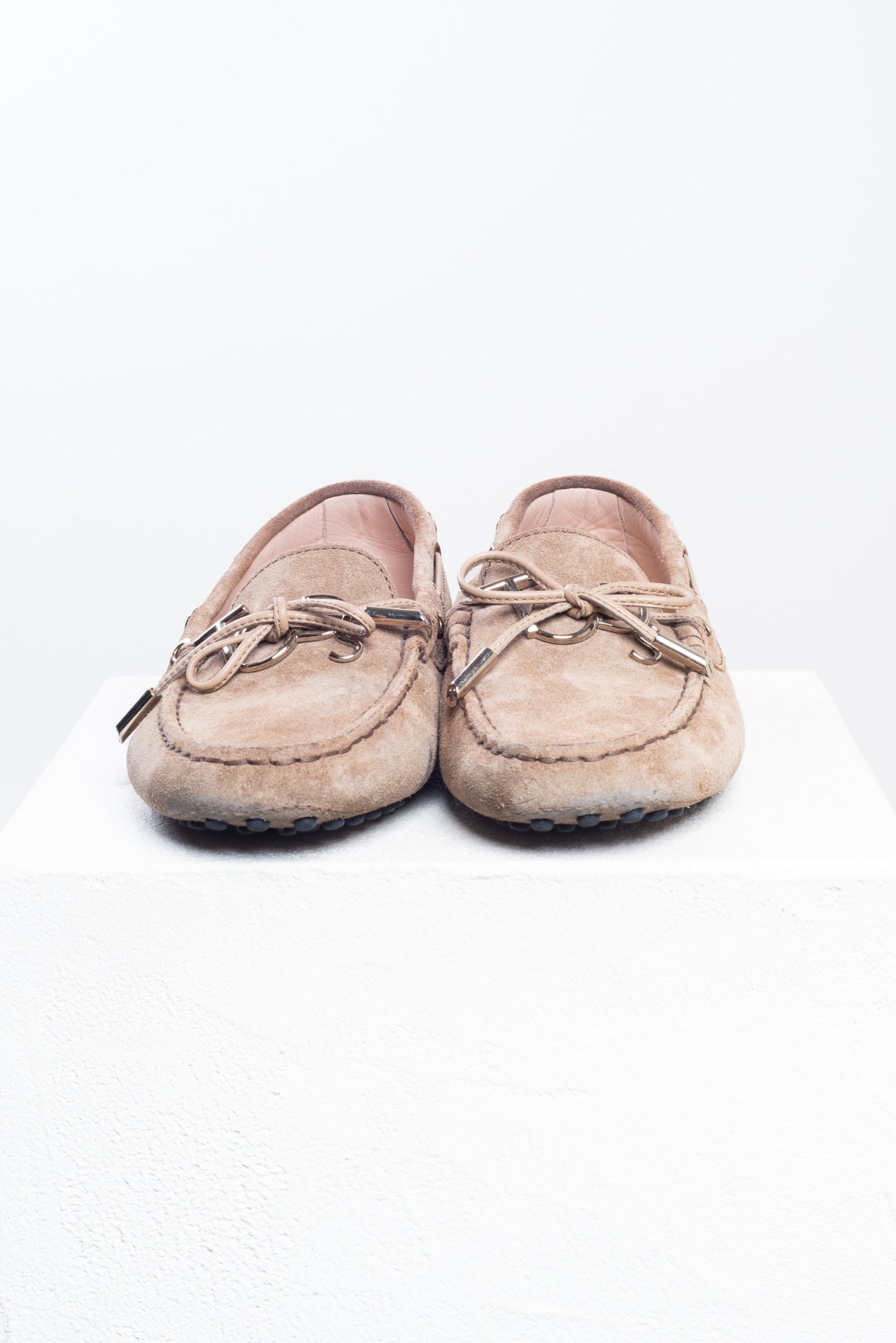 Beige Gommino Leather-Trimmed Suede Loafers