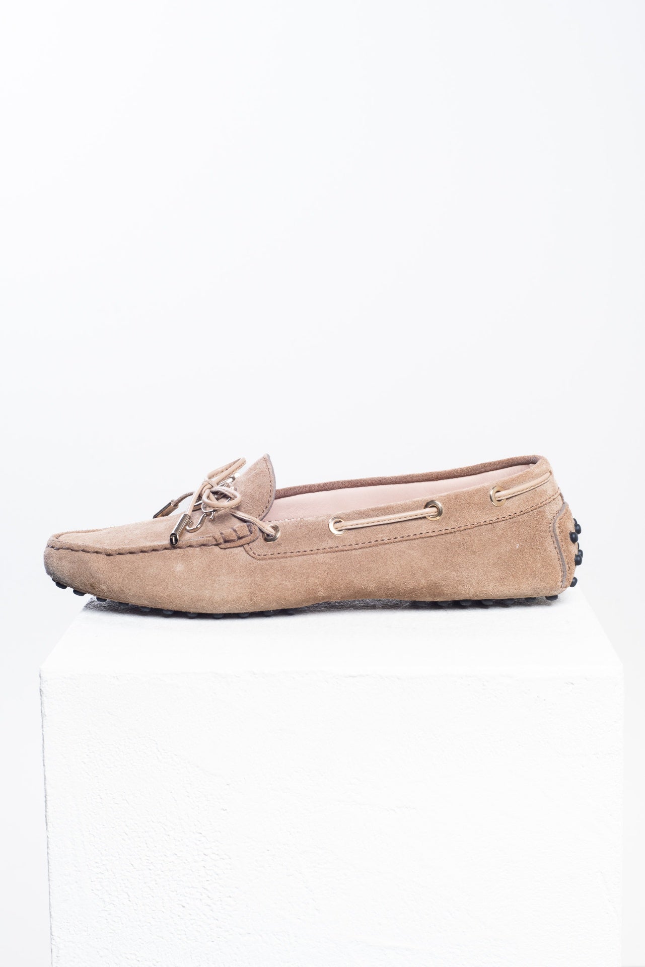Beige Gommino Leather-Trimmed Suede Loafers
