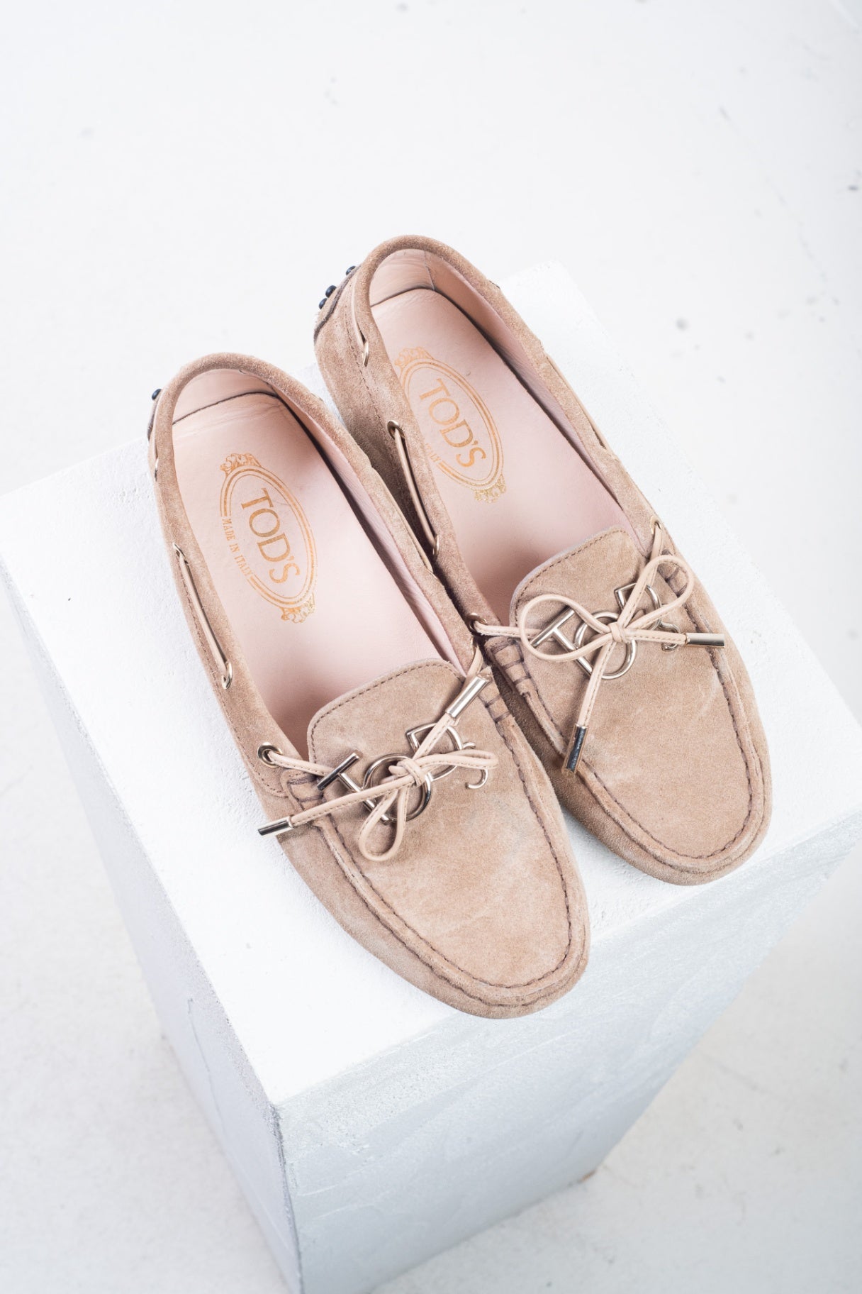 Beige Gommino Leather-Trimmed Suede Loafers