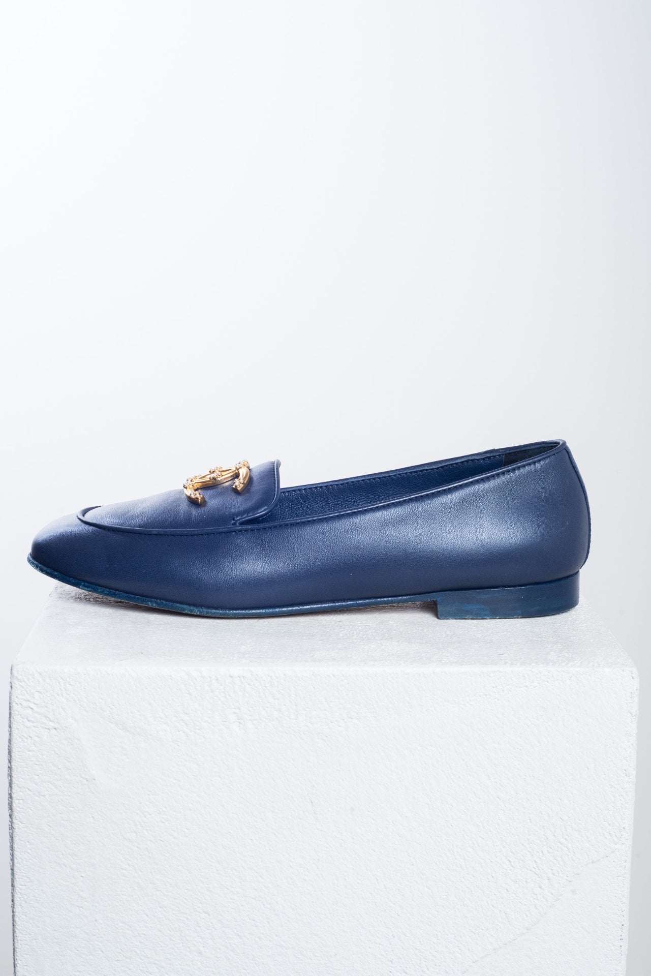 Navy Leather Interlocking CC Loafers