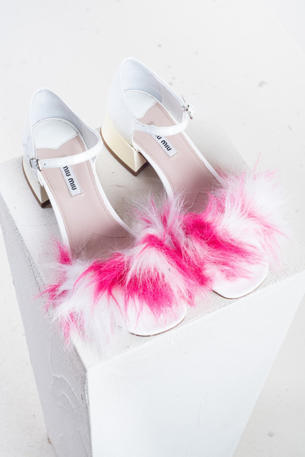 White and Pink Fur Ankle Strap Sandal