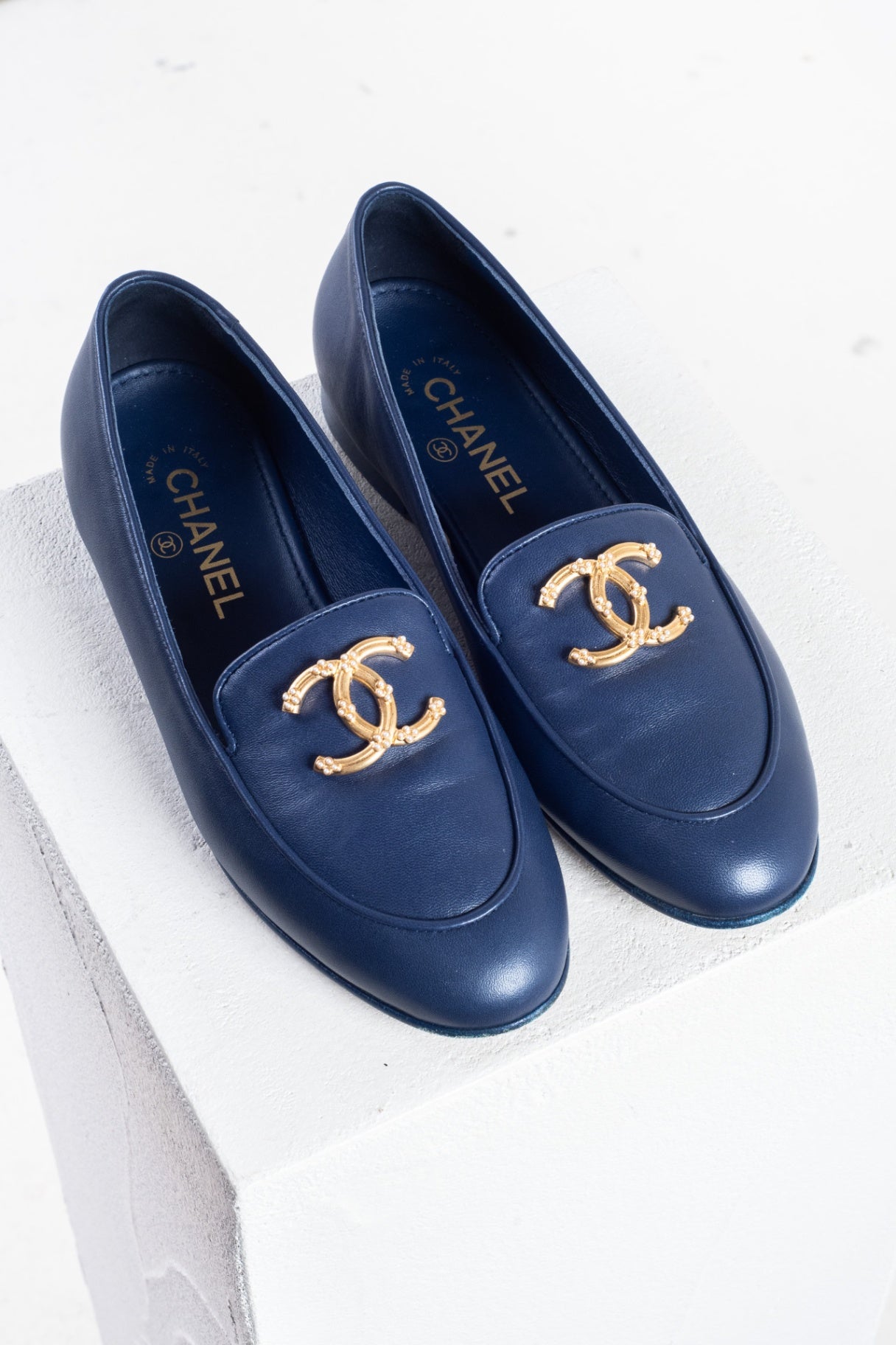Navy Leather Interlocking CC Loafers