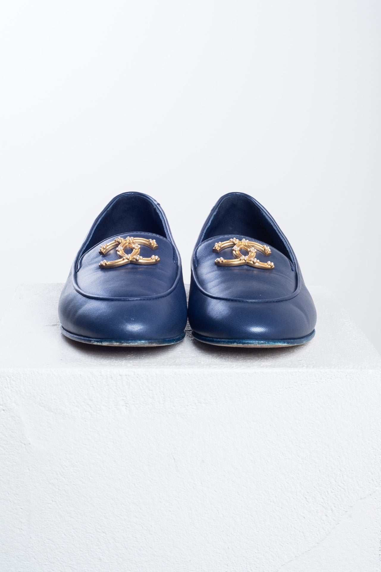 Navy Leather Interlocking CC Loafers
