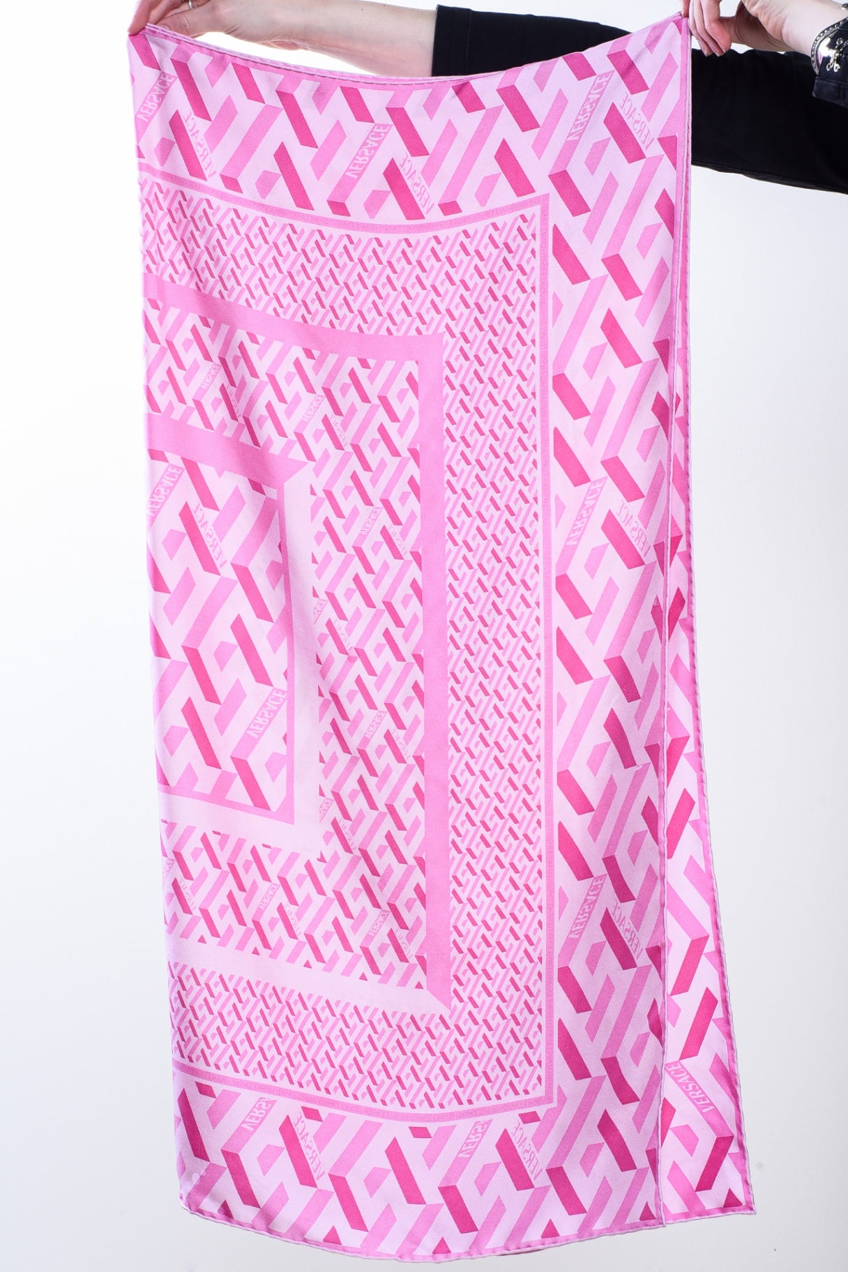 Pink La Greca Monogram Print Silk Scarf
