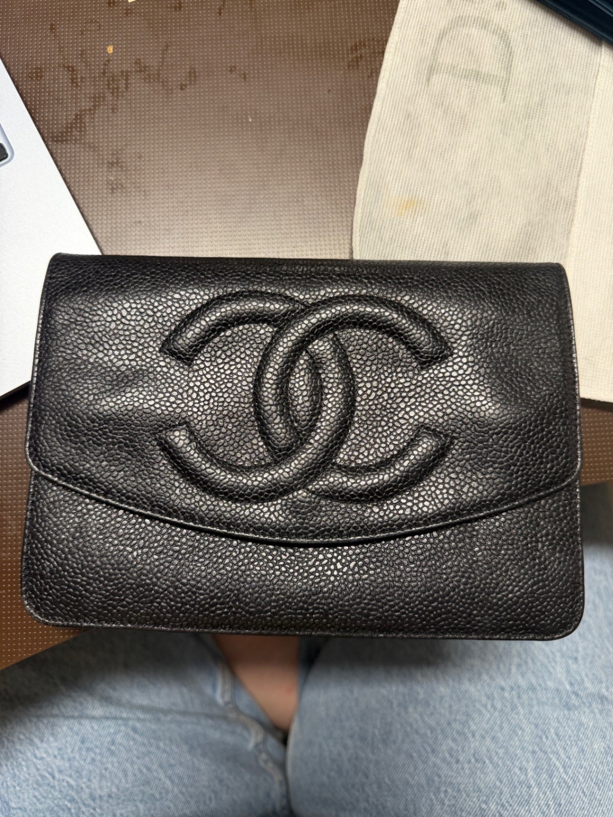 Black Caviar Leather Wallet On Chain
