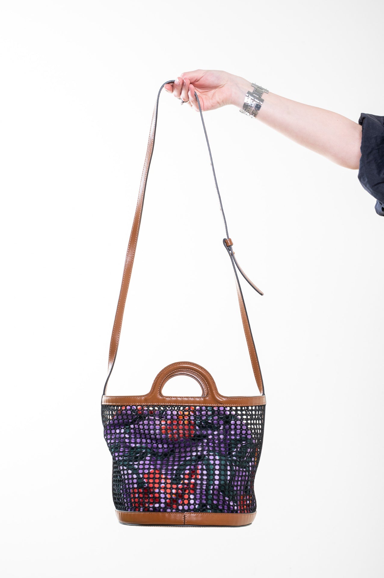 Brown Leather & Mesh Bucket Bag w/ Purple Flower Insert