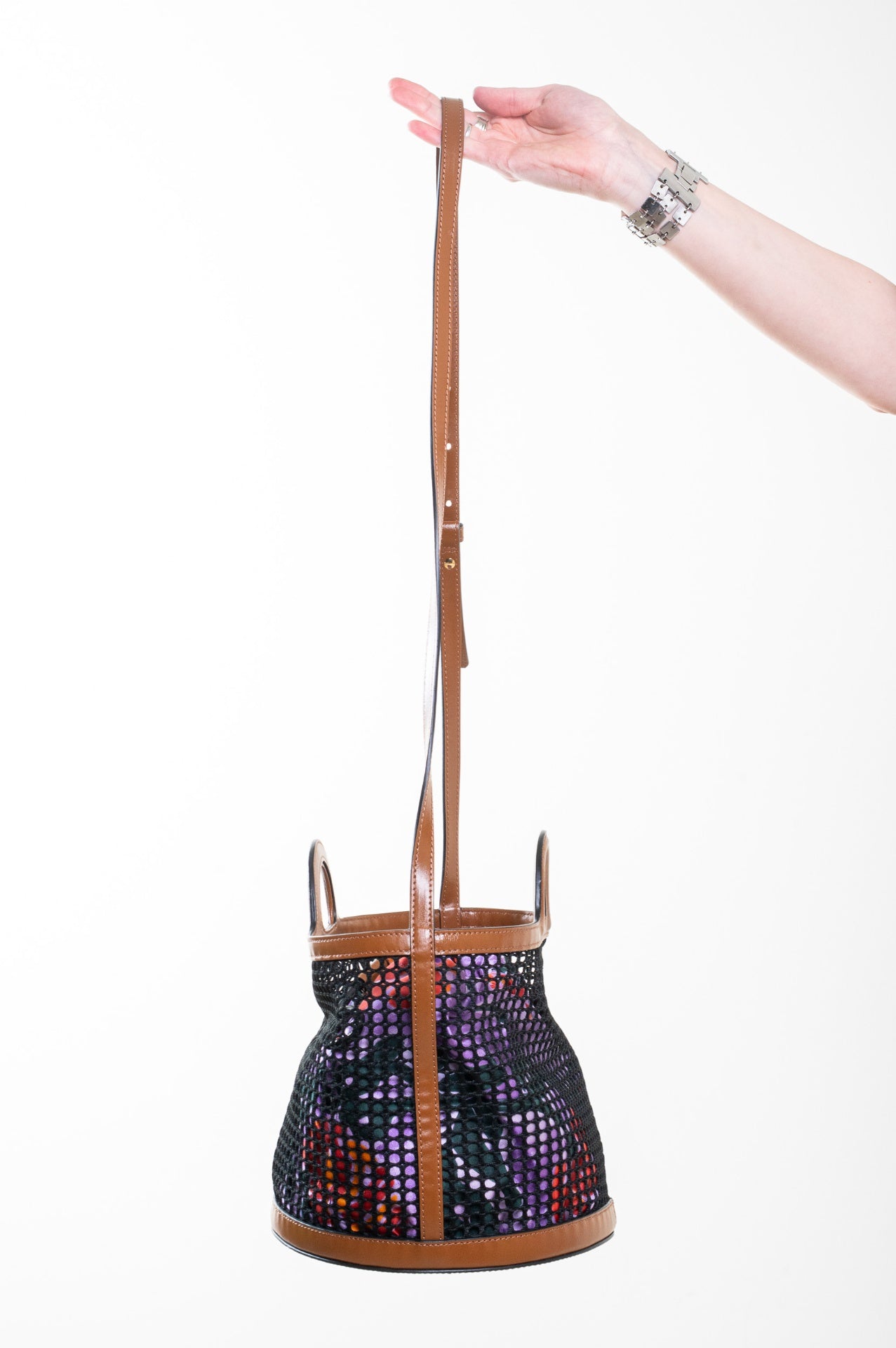 Brown Leather & Mesh Bucket Bag w/ Purple Flower Insert