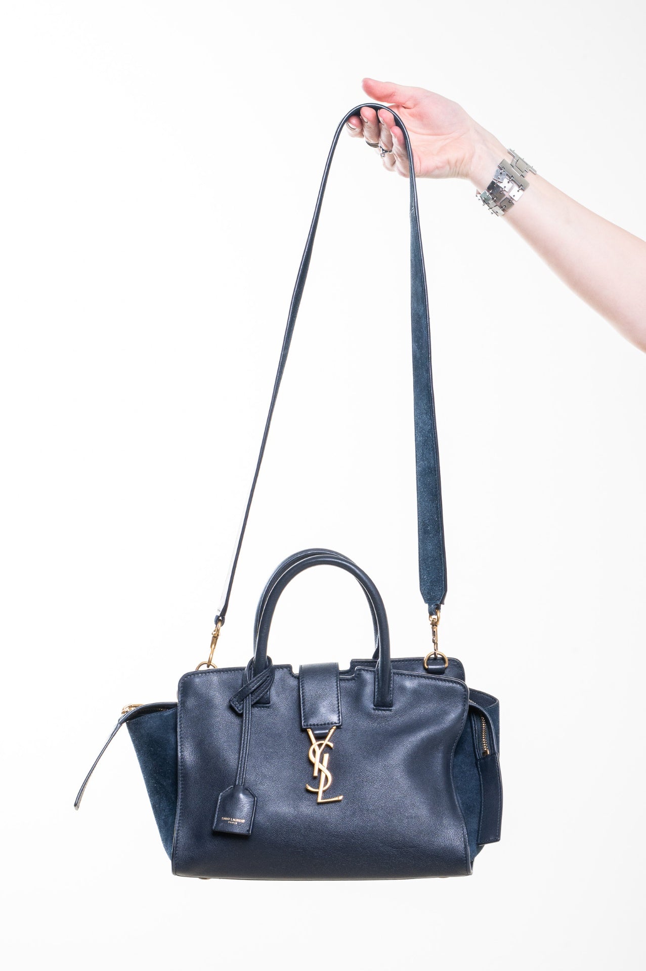 Navy Small Downtown Leather & Suede Top Handle Bag