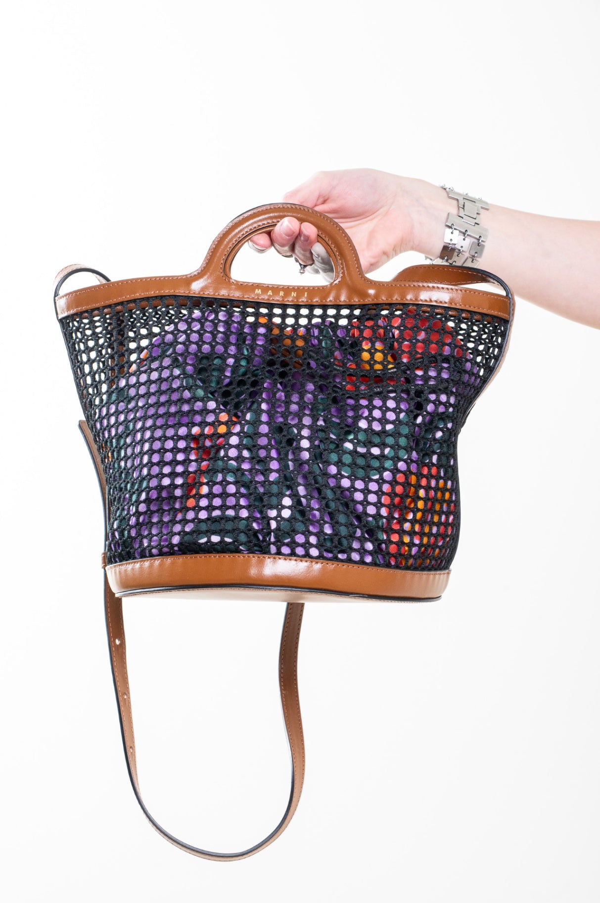 Brown Leather & Mesh Bucket Bag w/ Purple Flower Insert